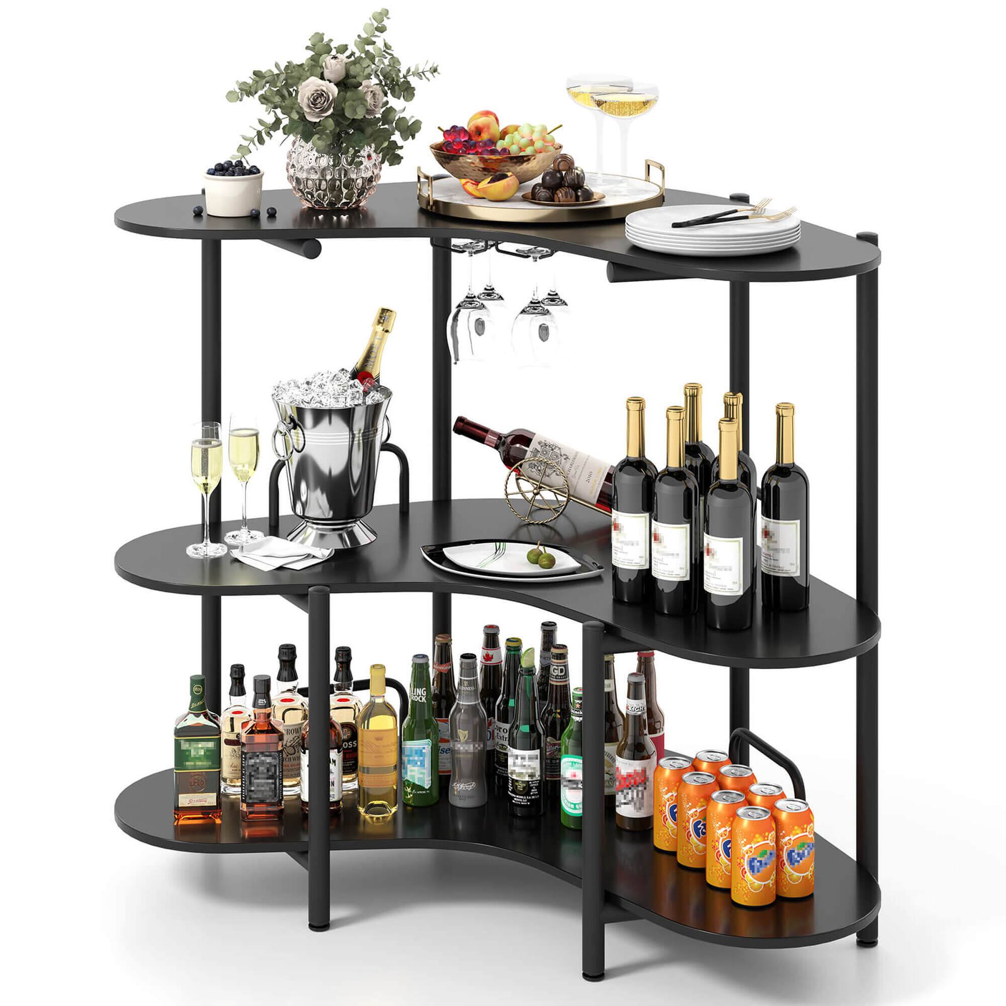 Angle. Costway - Costway 3-Tier Home Bar Unit with Stemware Racks & Storage Shelves with Metal Frame Black - Black.