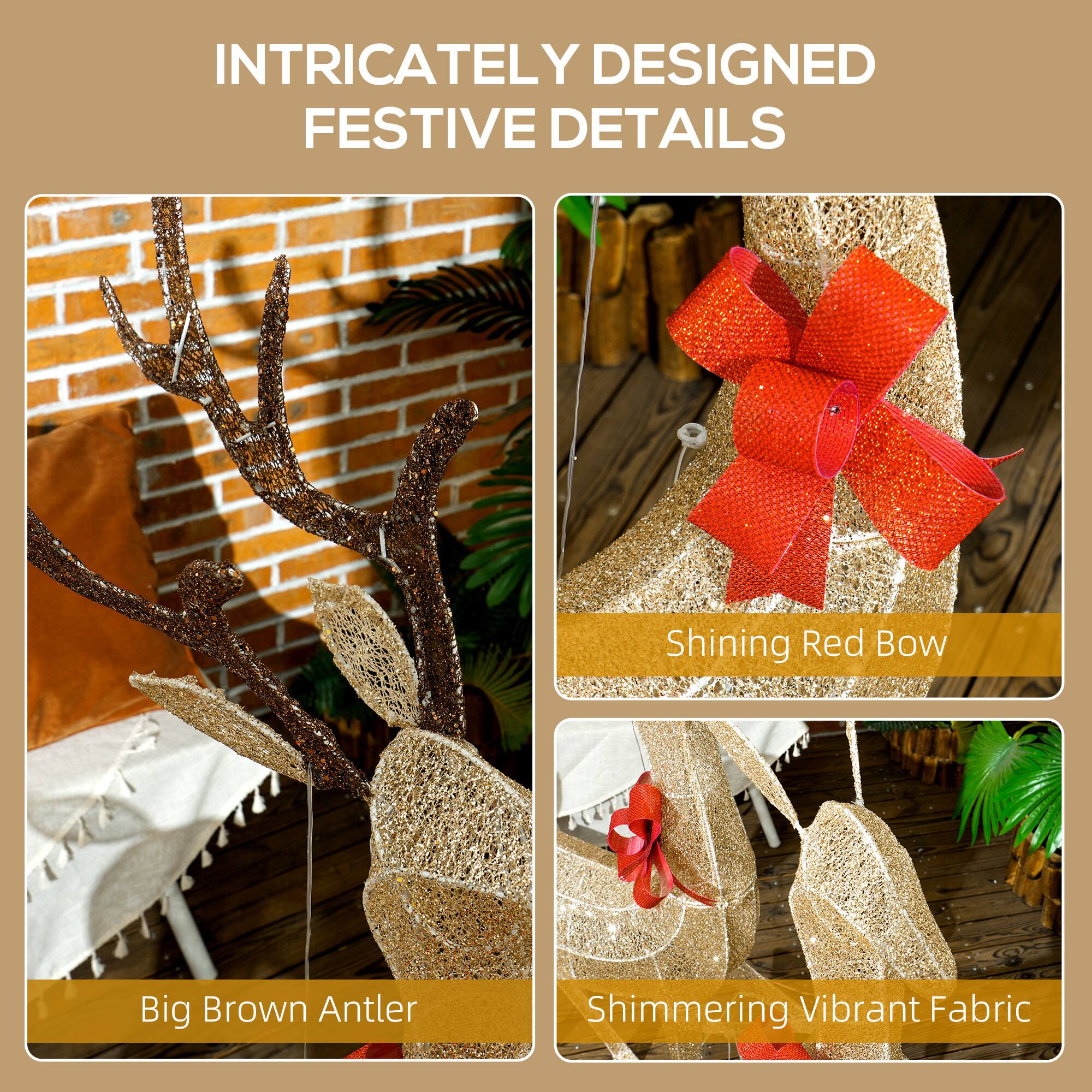 The text in the image can be grouped and corrected as follows:

- **Intricately Designed Festive Details**
  - Big Brown Antler
  - Shining Red Bow
  - Shimmering Vibrant Fabric