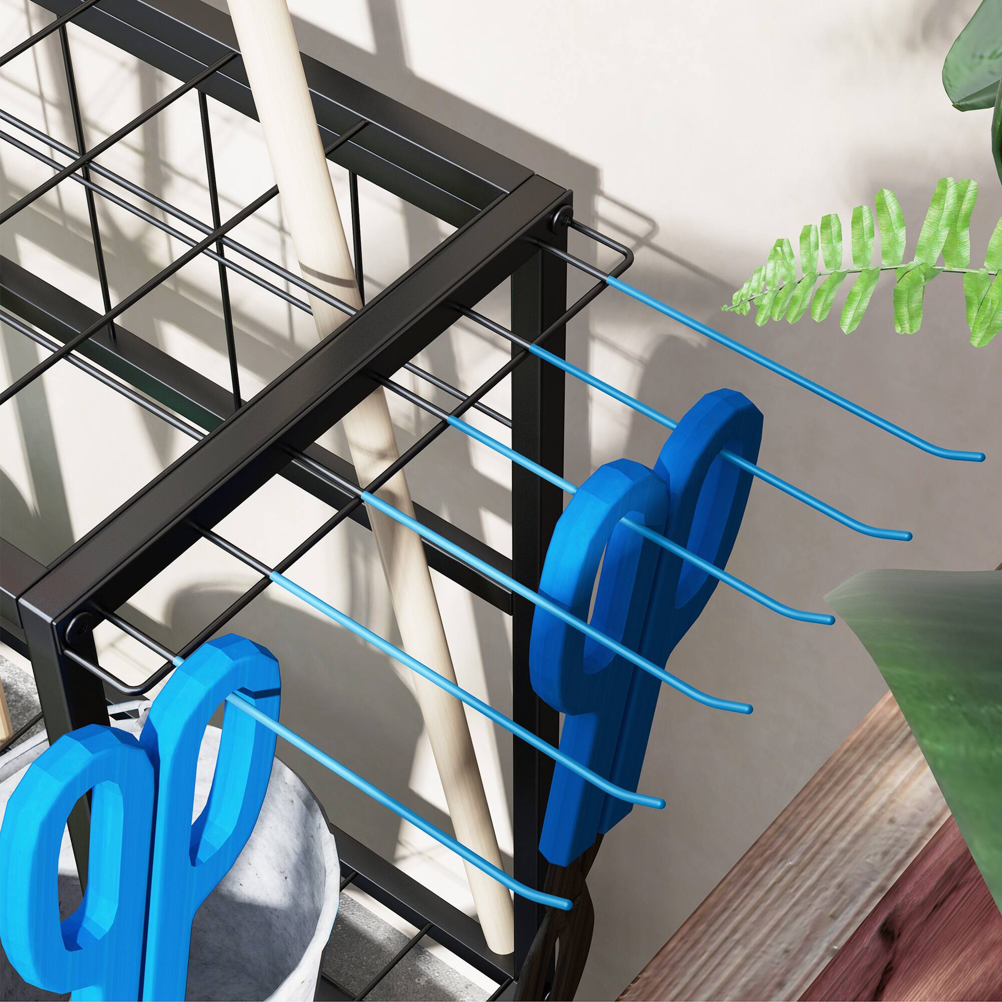 Alt View 8. Outsunny - Garden Tool Organizer for Garage, 3-Tier Yard Tool Storage Rack with Hooks for Long-Handled, Broom, Shovel, Rake - Blue.