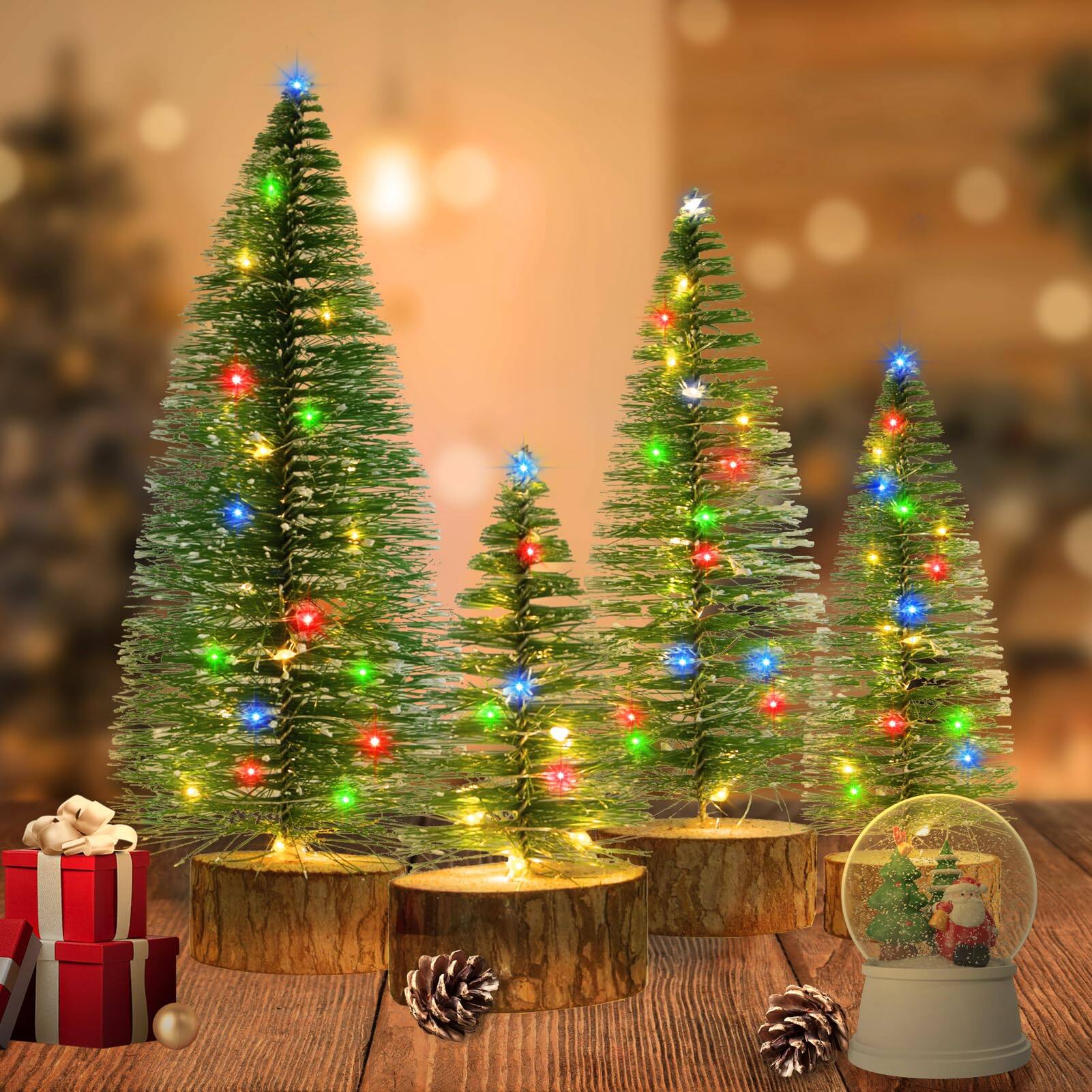 Stylel Star - 4 PCS Mini Christmas Trees, Artificial Bottle Brush Trees with 2 Modes Timer LED String Lights, Button Cell - Multicolor