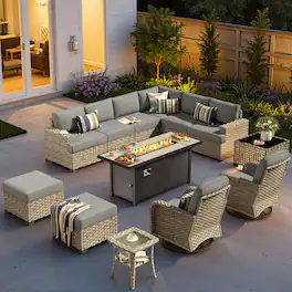 Ovios - 13 PCS Outdoor Patio Furniture Sectional Sofa with Swivel Chairs, Coffee Table & 54" Fire Pit Table - Dark Gray