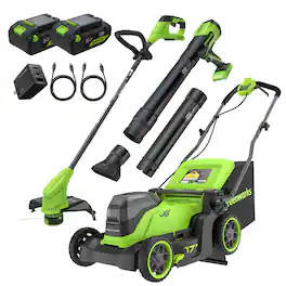 Greenworks - 48V (24V x 2) 17" Push Mower + Blower + 12" String Trimmer Combo, (2) 4.0Ah Batteries and Charger - Green