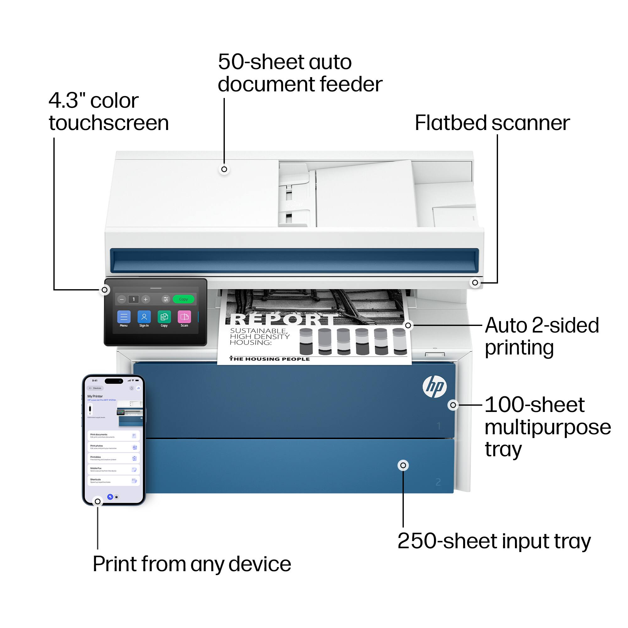 - 50-sheet auto document feeder
- 4.3" color touchscreen
- Flatbed scanner
- Auto 2-sided printing
- 100-sheet multipurpose tray
- 250-sheet input tray
- Print from any device