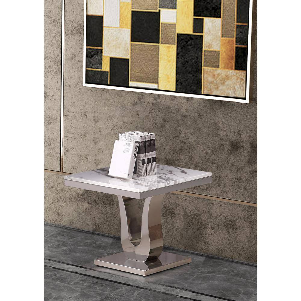 Angle. Best Quality Furniture - Marble Top End Table with Stainless Steel Base - White.