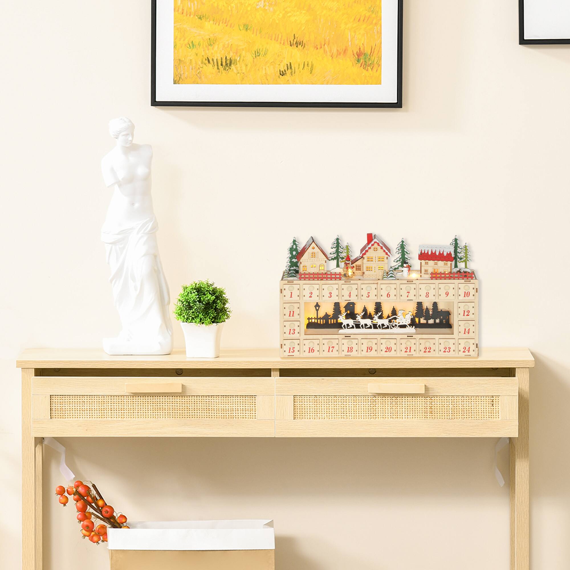 Alt View 1. Homcom - Christmas Advent Calendar w/ 24 Drawers, Reusable Lighted Wood-Effect Countdown Calendar - Natural Wood.