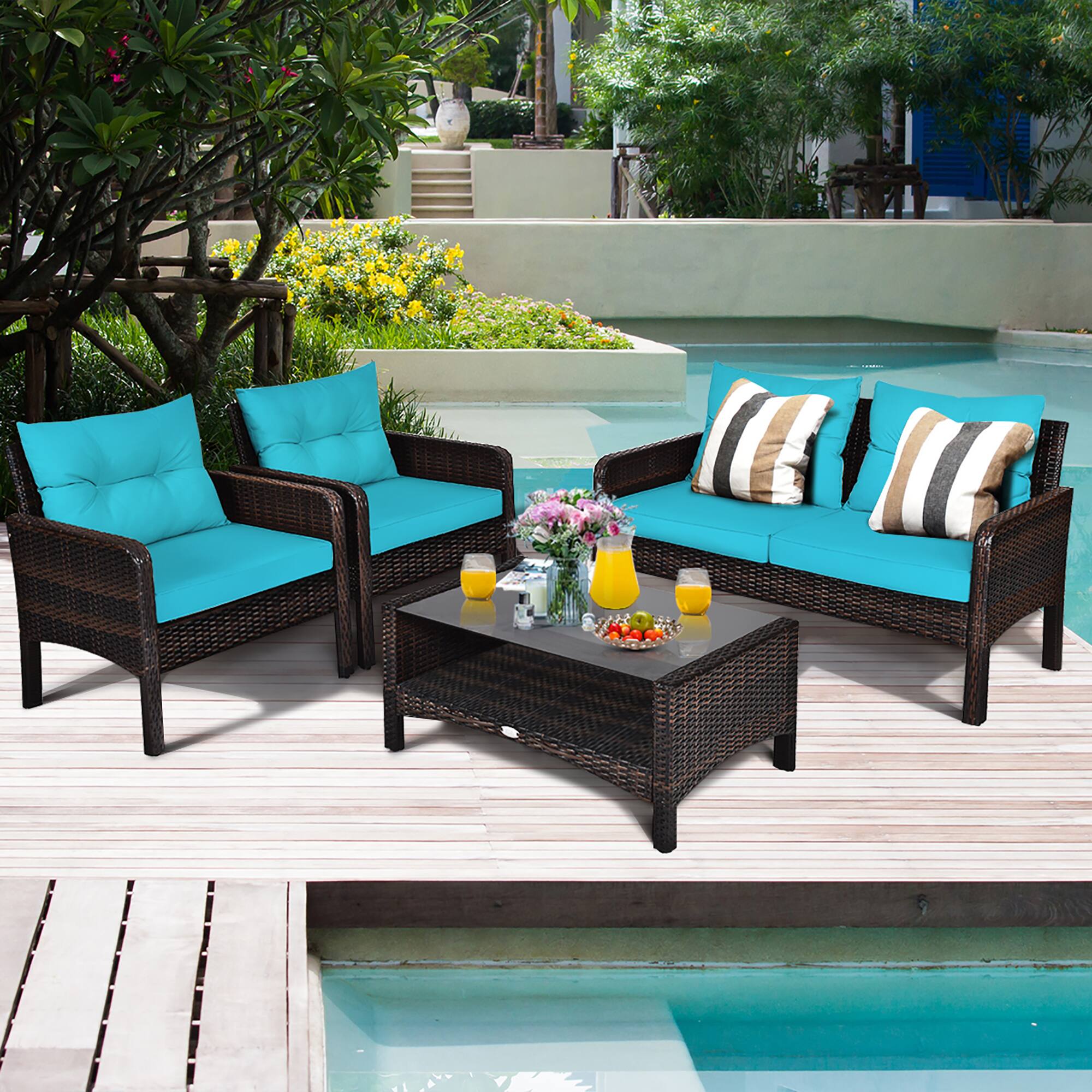 Alt View 3. Costway - Costway 4PCS Patio Rattan Furniture Set Loveseat Sofa Coffee Table W/ Cushion - Turquoise.