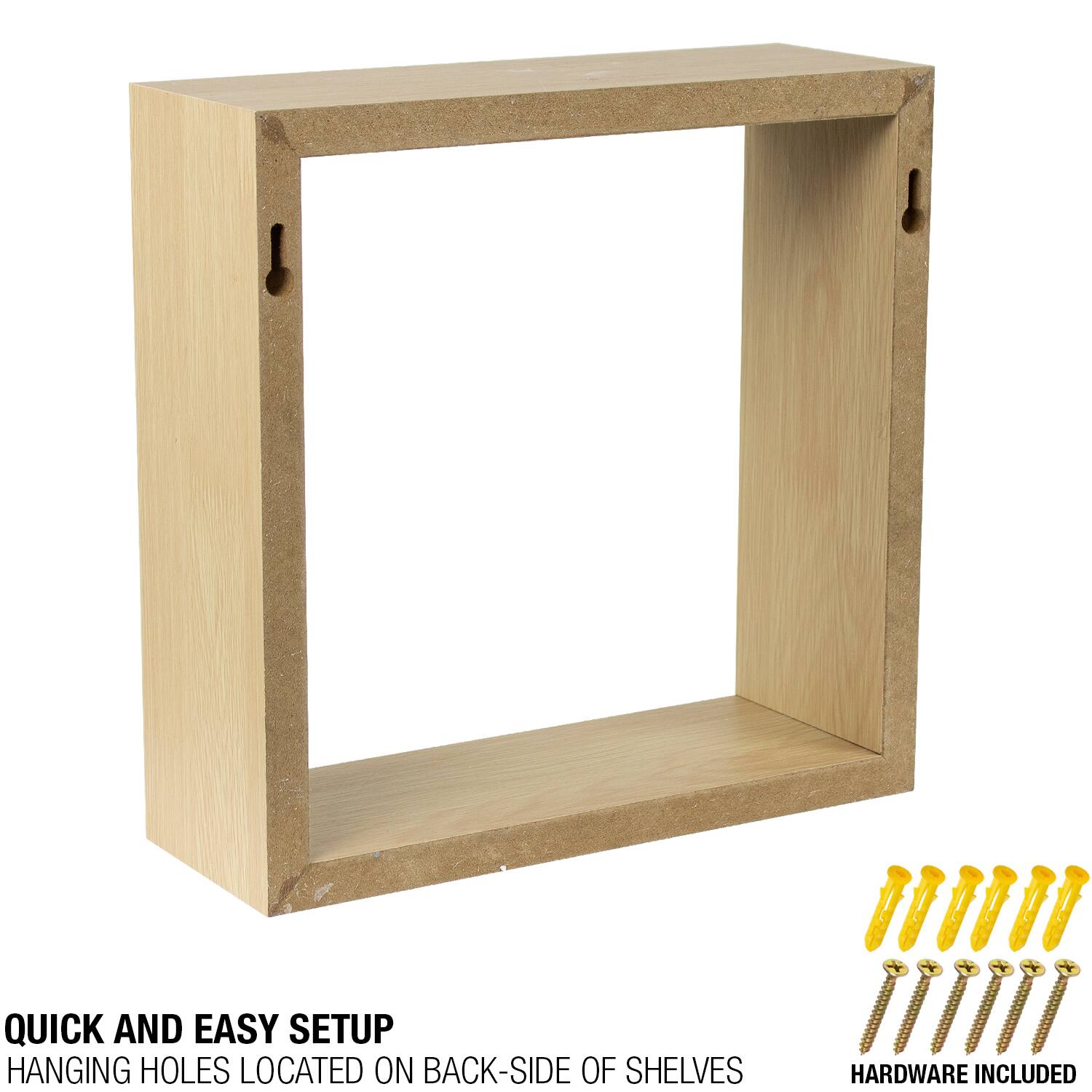 QUICK AND EASY SETUP  
HANGING HOLES LOCATED ON BACK-SIDE OF SHELVES  
HARDWARE INCLUDED