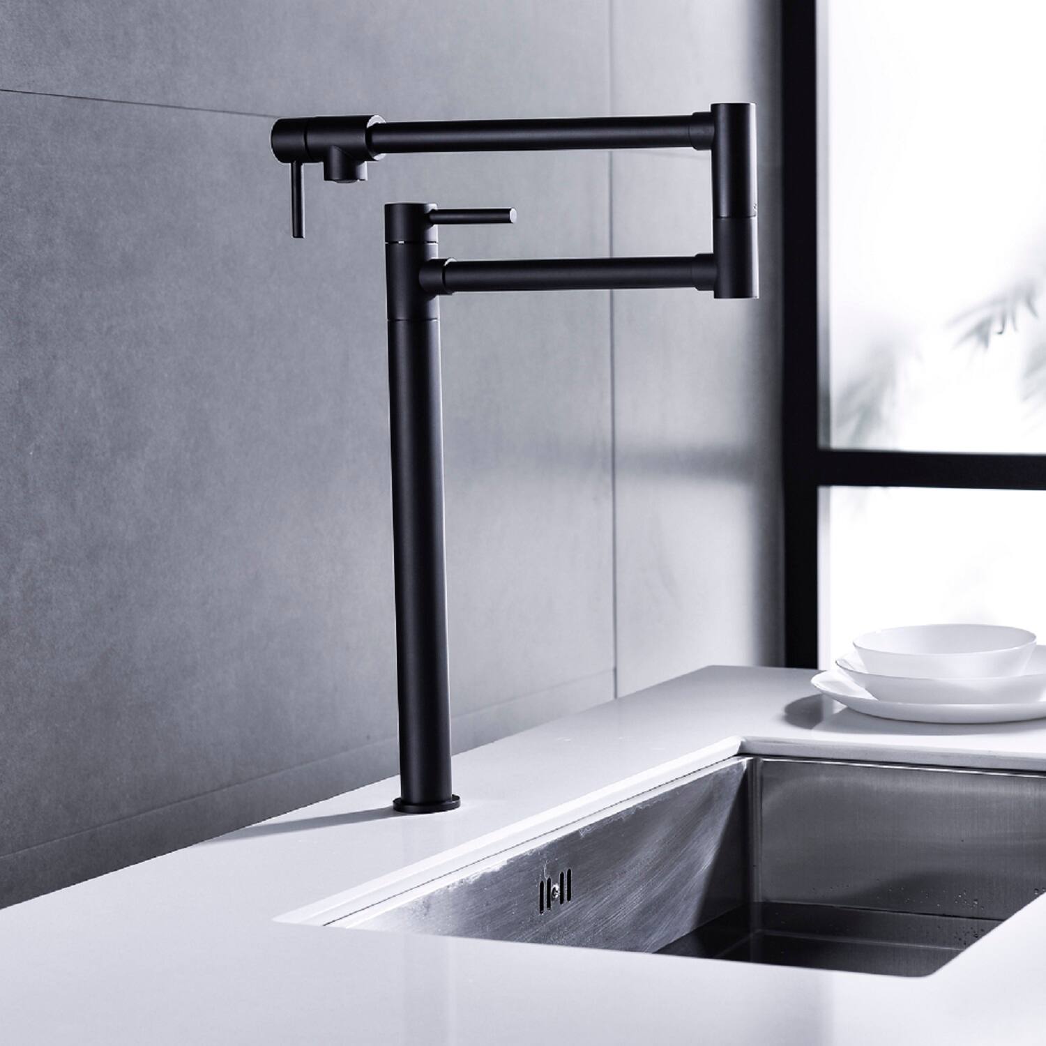 Left. Siljoy - Pot Filler Faucet with Extension Shank - Matte Black.