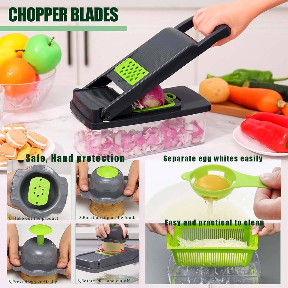 **CHOPPER BLADES**

- Safe, Hand protection
  1. Take out the product.
  2. Put it on top of the food.
  3. Press down vertically.
  4. Rotate 90° and cut off.

- Separate egg whites easily

- Easy and practical to clean