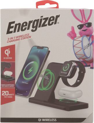 Energizer 3-IN-1 WIRELESS CHARGING STATION
- Qi CERTIFIED
- CHARGES QI SMARTPHONES, APPLE WATCH & AIRPODS
- 75% Charged FAST WIRELESS CHARGE
- 76% Charged
- 20 WATT FAST CHARGE
- QI WIRELESS