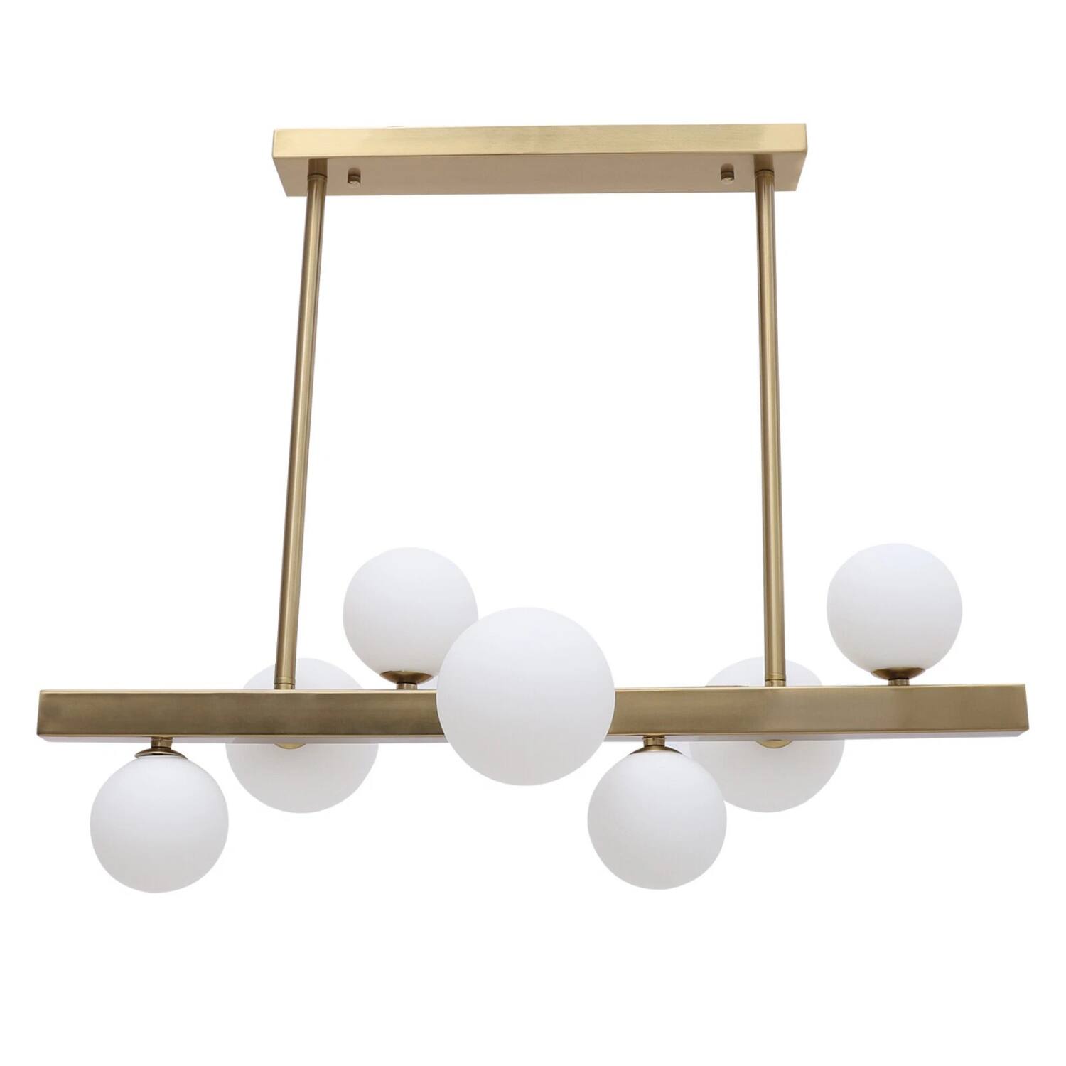 Front. Stock Preferred - Mid Century Modern 7-Light Gold Linear Chandelier with Glass Globes - Clear.