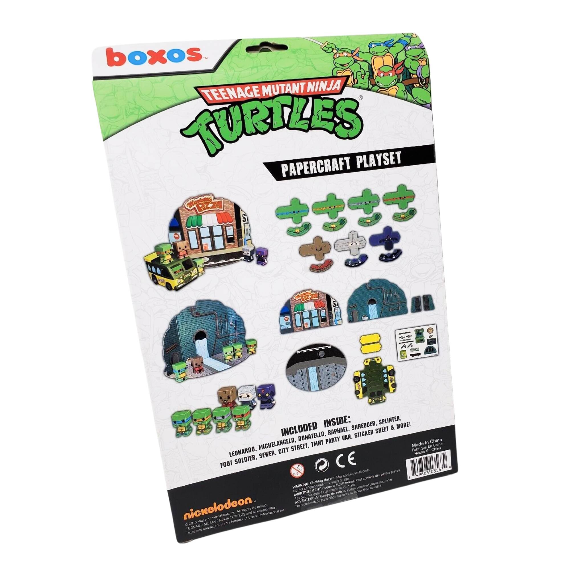 boxos. MUTANT NINJA TEENAGE TURTLES PAPERCRAFT PLAYSET  
INCLUDED INSIDE:  
LEONARDO, MICHELANGELO, RAPHAEL, SHREDDER, SPLINTER & MORE!  
SHREDDER, DONATELLO, TINY PARTY VAN, STACKER, MICHELANGELO, TMWT, CITY SEWER, FOOT SOLDIER, CE  
nickelodeon  
Made in China