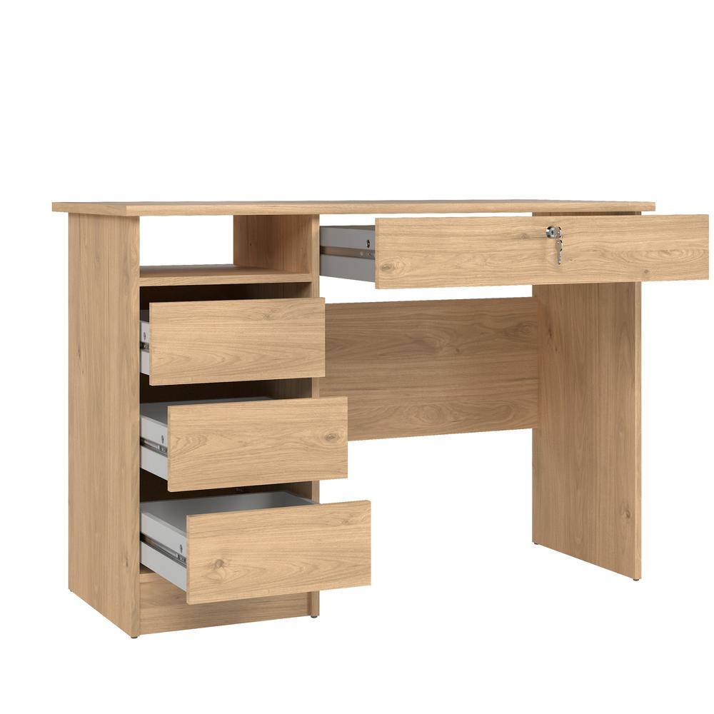 Back. Tvilum - Wescot Home Office Writing Desk with 4 Drawers and Open Shelf, Jackson Hickory - Brown.