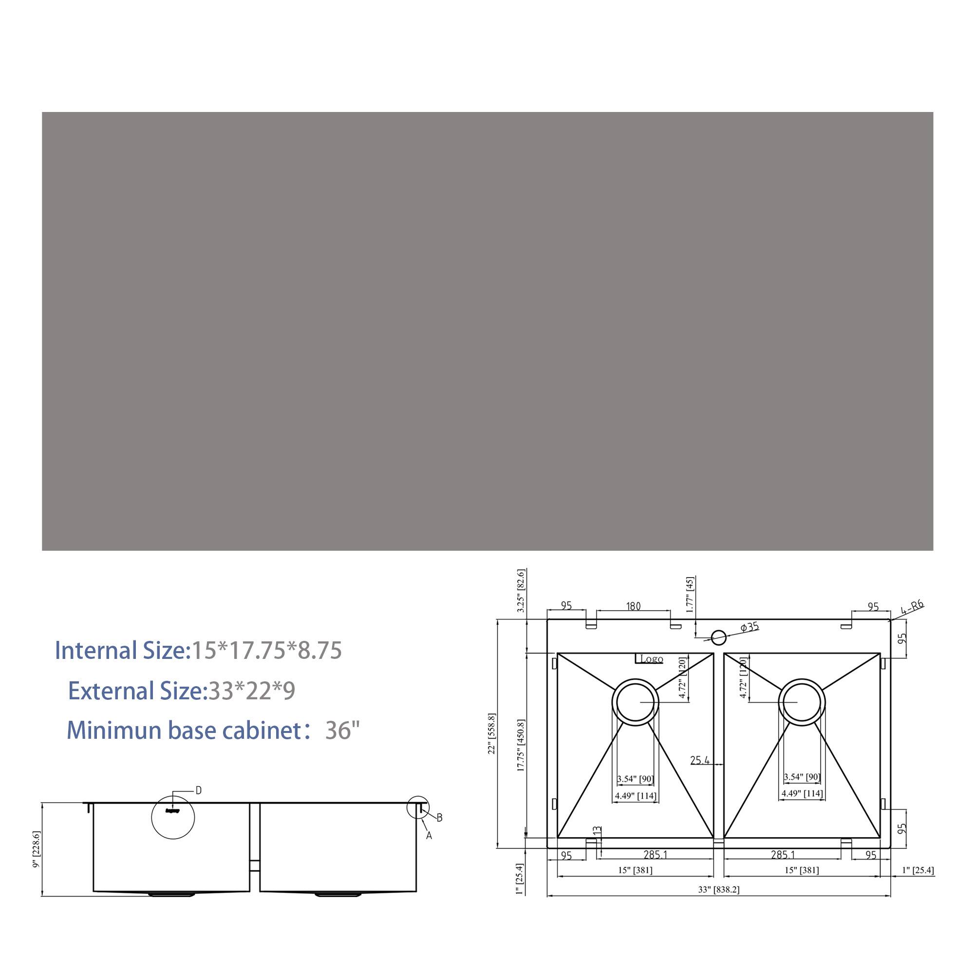 Internal Size: 15*17.75*8.75  
External Size: 33*22*9  
Minimum base cabinet: 36"  

358.5 i  
3.25 [450.8]  
17.75- 95  
32 ARA  
354  
L4T [114]  
1  
4.72-201  
4.12  
25.6 O3 A - 3,54-19 E A4F  
L114 S5  
4.0  
2  
9(228.6]  
e A Pt.i  
OS  
2851  
51380]  
3 [2]  
285.1  
15"(381]  
35  
95 "(254]