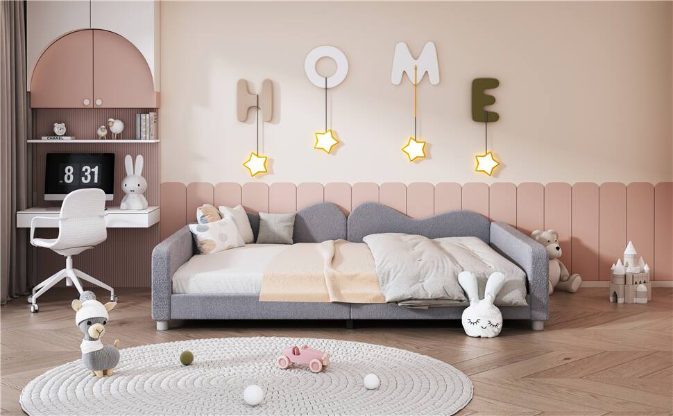 Alt View 4. Tiramisubest - Full size Upholstered Daybed, Sherpa Fabric Sofabed with Cloud-Shaped Backrest, No Box-spring Needed, Gray - Gray.