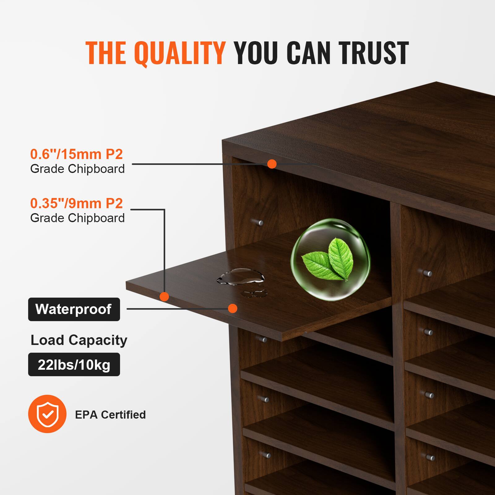 THE QUALITY YOU CAN TRUST

0.6"/15mm P2 Grade Chipboard  
0.35"/9mm P2 Grade Chipboard  

Waterproof  
Load Capacity 22lbs/10kg  
EPA Certified