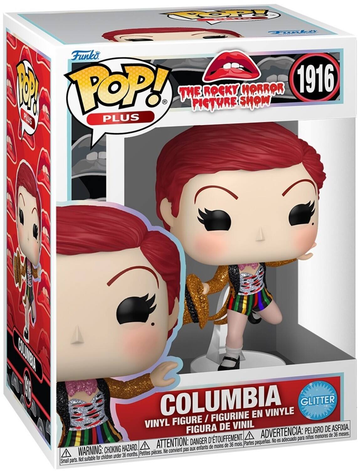 Sure, here is the corrected and grouped text from the image:

---

**Funko**

**POP! PLUS**

**THE ROCKY HORROR PICTURE SHOW**

**1916**

**COLUMBIA**

**VINYL FIGURE / FIGURINE EN VINYLE / FIGURA DE VINIL**

**GLITTER**

**WARNING: CHOKING HAZARD. Small parts. Not suitable for children under 36 months.**

**ATTENTION: DANGER D'ÉTOUFFEMENT. Petites pièces. Ne convient pas aux enfants de moins de 36 mois.**

**ADVERTENCIA: PELIGRO DE ASFIXIA. Partes pequeñas. No es adecuado para niños menores de 36 meses.**

---

This text is organized to reflect the information on the packaging of the Funko Pop! figure.