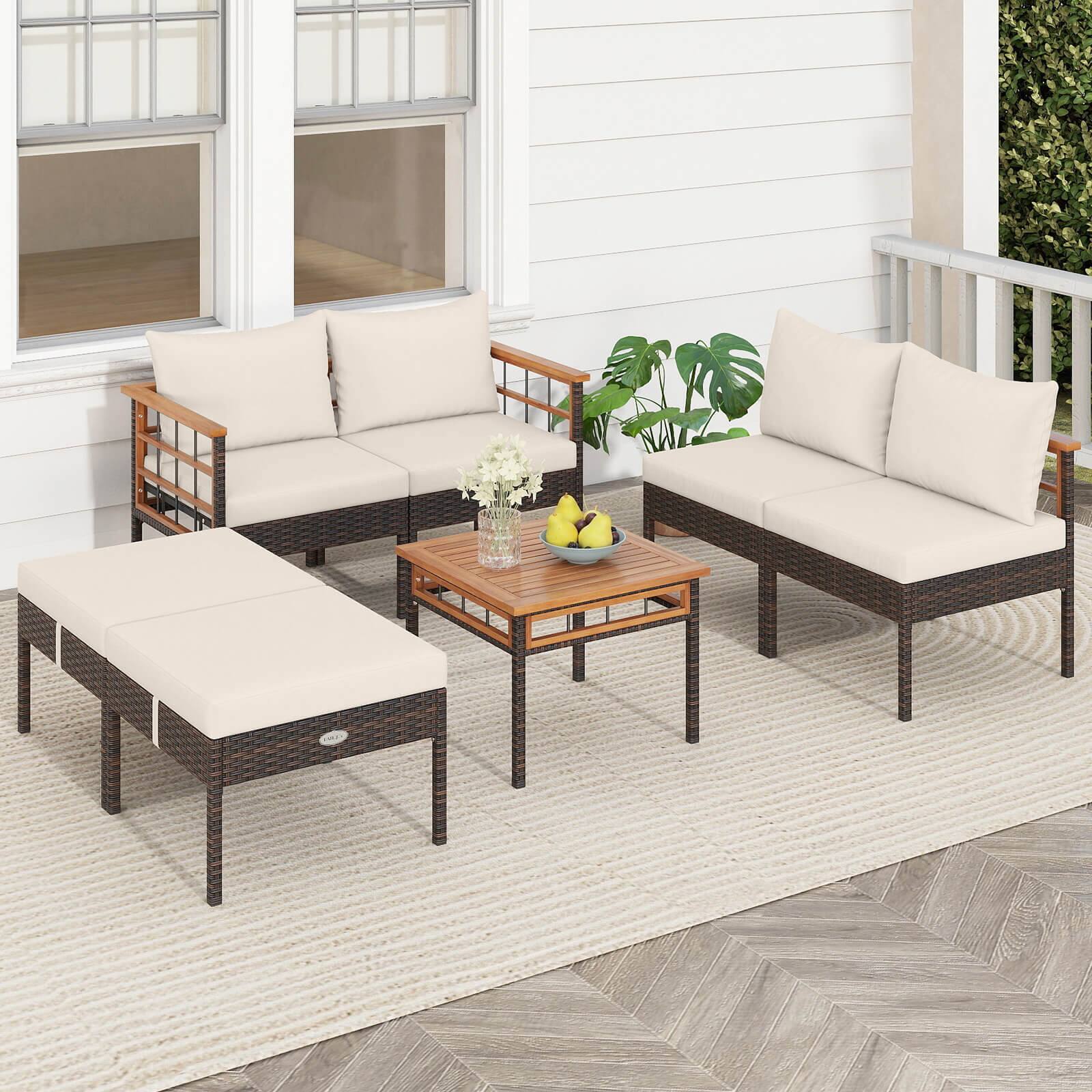 Alt View 3. Costway - Costway 7 PCS Wicker Furniture Set with Ottomans Side Table Acacia Wood Tabletop Armrests - Mix Brown,White.