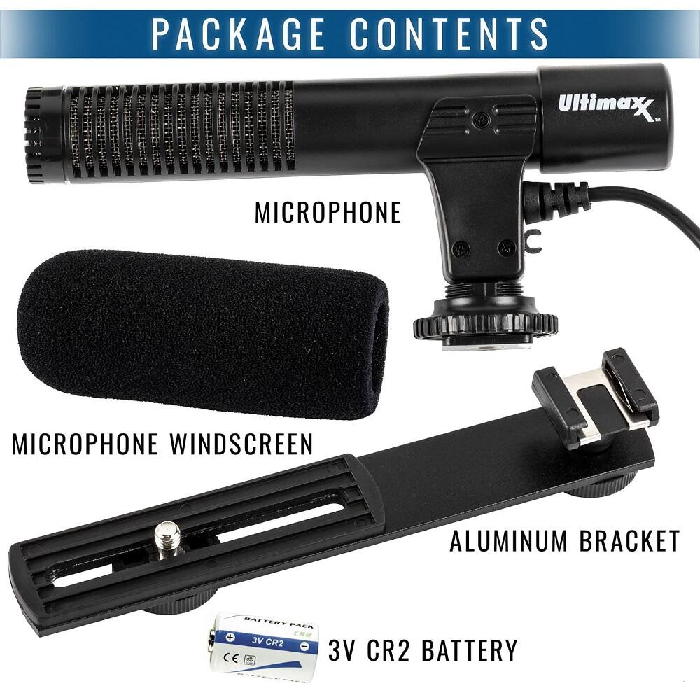 PACKAGE CONTENTS

- Ultimax MICROPHONE
- MICROPHONE WINDSCREEN
- ALUMINUM BRACKET
- 3V CR2 BATTERY