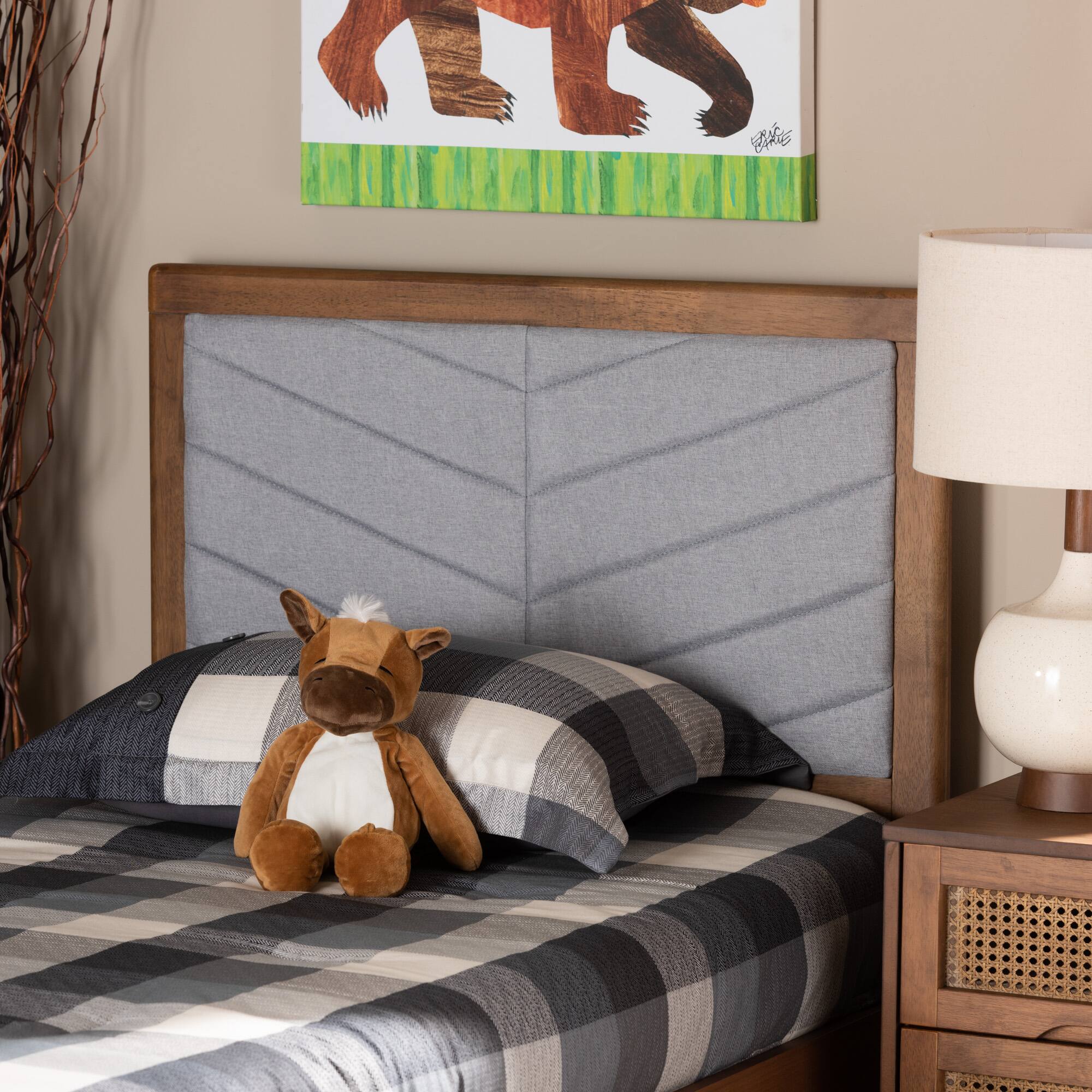 Back. Baxton Studio - Iden Modern and Contemporary Fabric Upholstered and Finished Wood Twin Size Headboard - Light Grey/Walnut Brown.