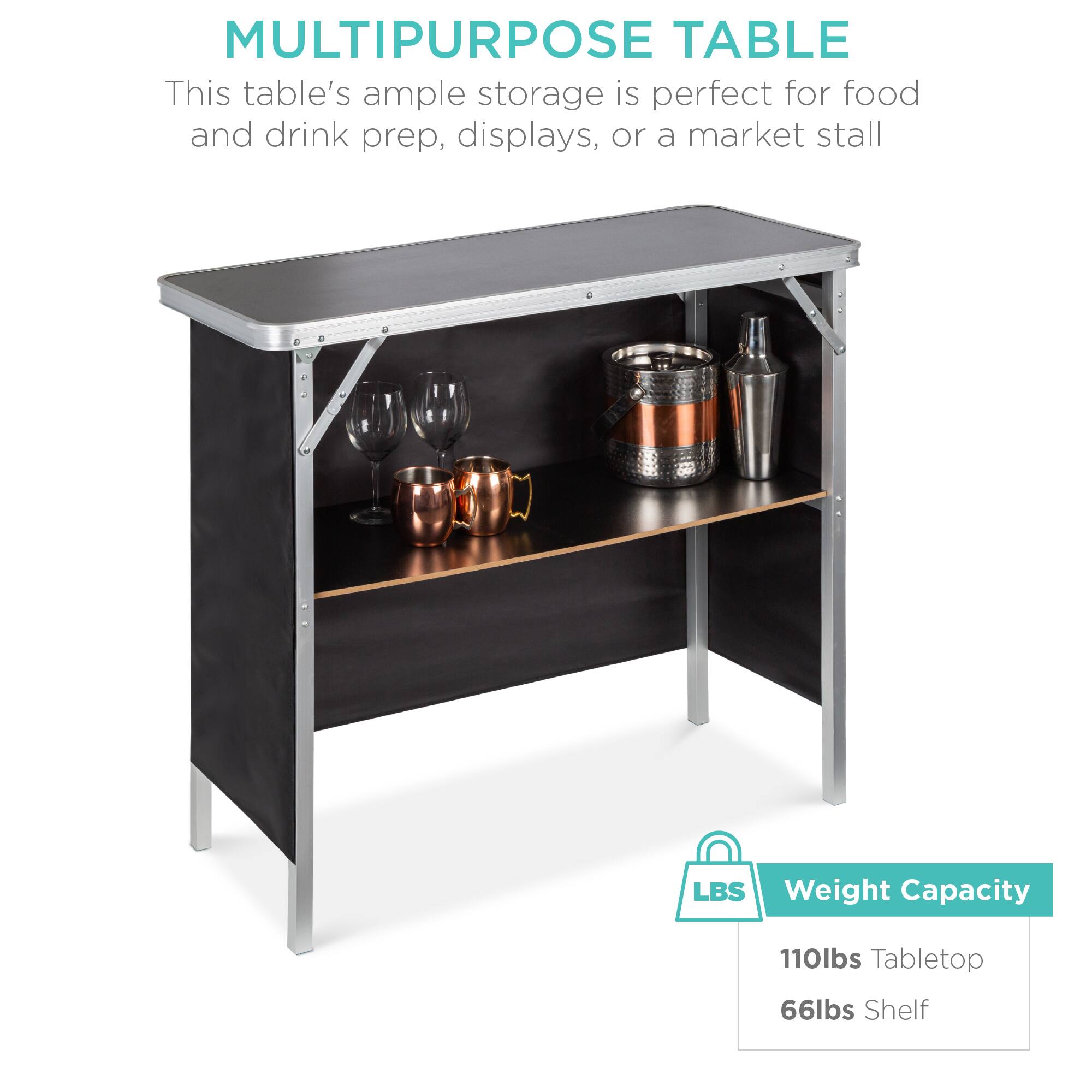 MULTIPURPOSE TABLE  
This table's ample storage is perfect for food and drink prep, displays, or a market stall  

LBS  
Weight Capacity  
110lbs Tabletop  
66lbs Shelf