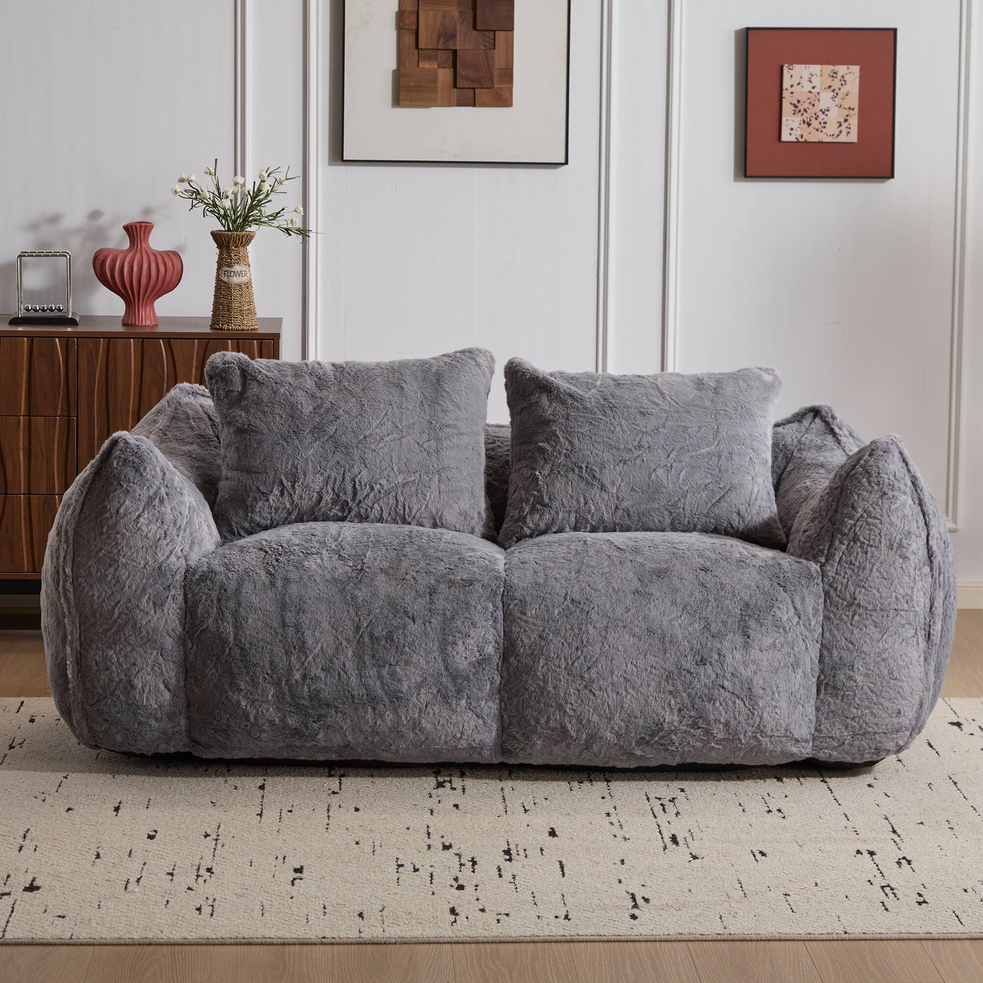 Angle. Boyel Living - Oversized 2-Person Foam-Filled Bean Bag Sofa with Pillows - Grey.