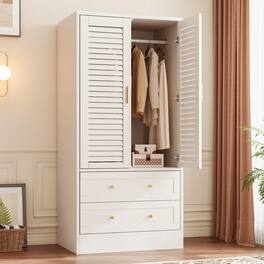 GARVEE - Wooden Armoire Wardrobe Closet - 2 Doors & 2 Drawers Shelves, Aluminum Hanging Rod Adjustable Shelving - White