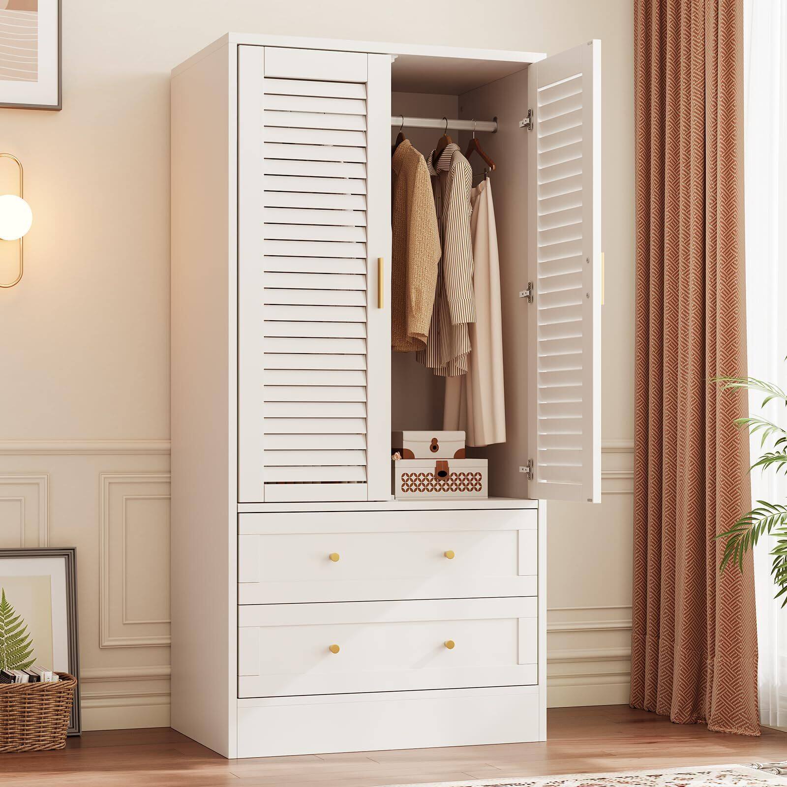Front. GARVEE - Wooden Armoire Wardrobe Closet - 2 Doors & 2 Drawers Shelves, Aluminum Hanging Rod Adjustable Shelving White - White.
