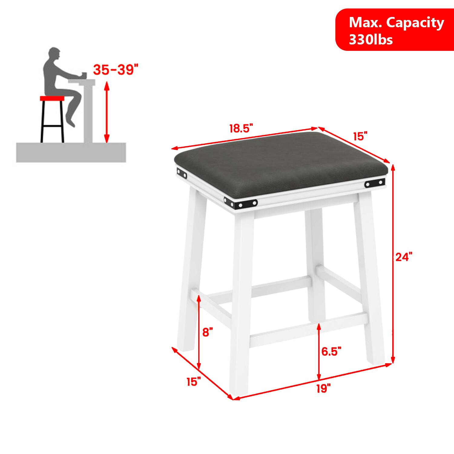 Max. Capacity 330lbs  
35-39"  
18.5"  
15"  
24"  
8"  
6.5"  
15"  
19"