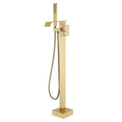 Front. Boyel Living - Brushed Gold Bathtub Faucet Dual Function 360 Degrees Rotatable 1.5m SUS304 Hose Independent Handles - Brushed Gold.