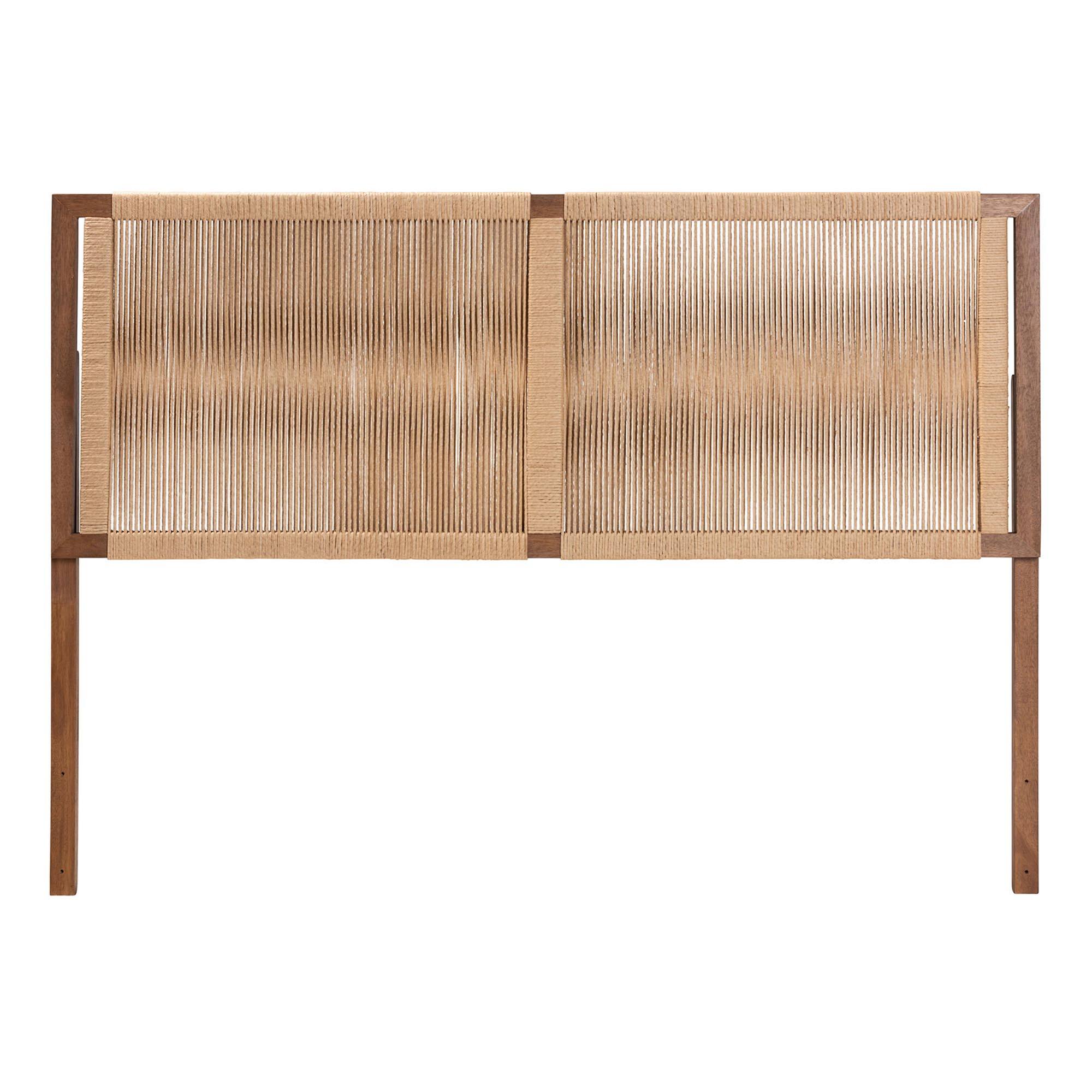 Angle. bali & pari - Holitz Modern Bohemian Finished Bayur Wood Queen Size Headboard - Walnut Brown/Light Brown.
