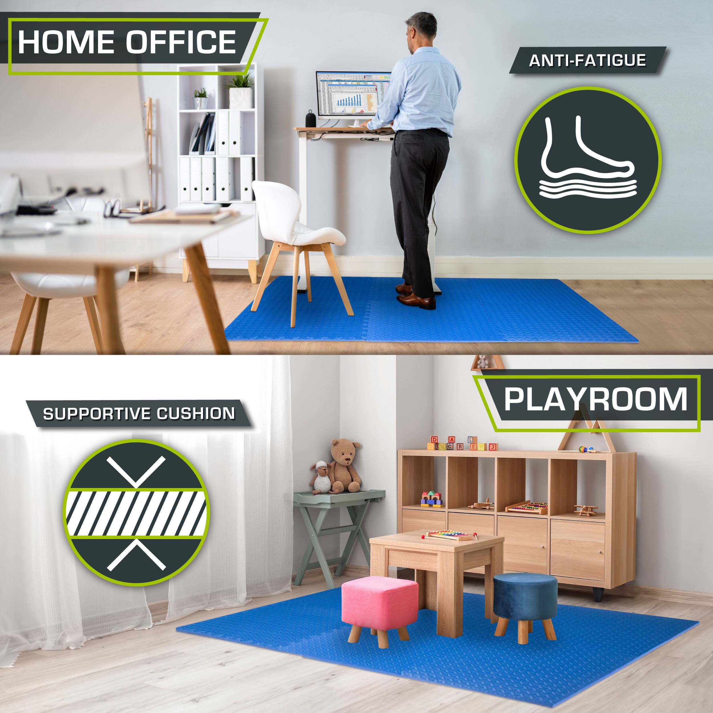 The corrected text from the image is:

- HOME OFFICE
- ANTI-FATIGUE
- SUPPORTIVE CUSHION
- PLAYROOM