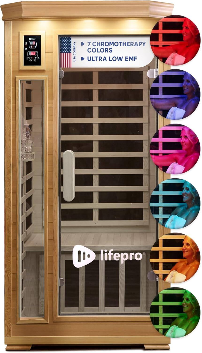 LifePro - Infrared Sauna for Home 1 Person Wooden Indoor Sauna Low EMF Carbon Fiber Heaters Bluetooth Speakers - Brown