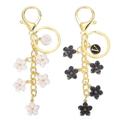 Front. Unique Bargains - Elegant 2pcs Alphabet V Initial Flower Letter Keychain Charm for Women Purse Handbag Backpack Bags Accessories - White.