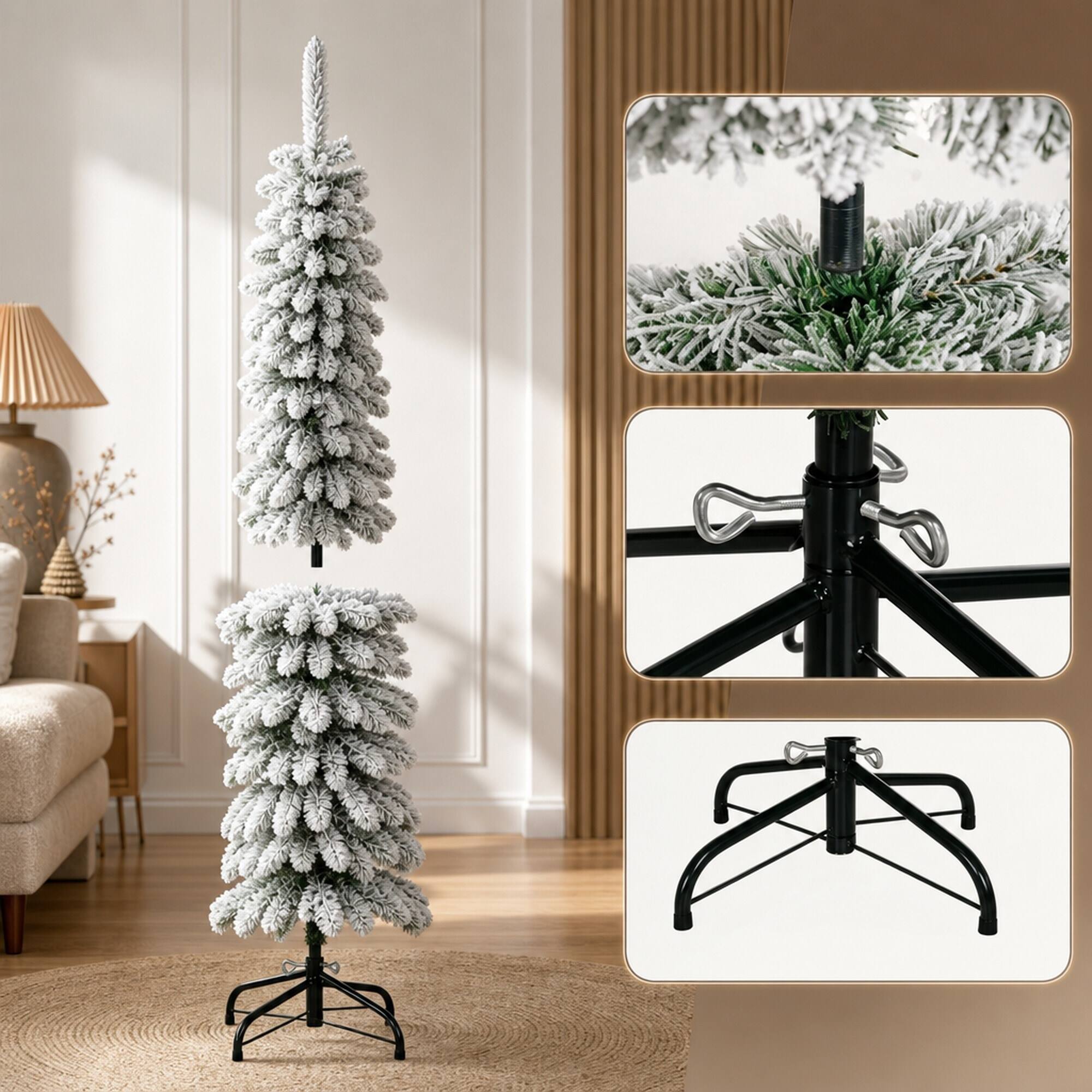 Alt View 4. RYHNUYNE - 5FT Unlit Flocked Slim Pencil Christmas Tree With 301 Realistic Snow Tips - Green.