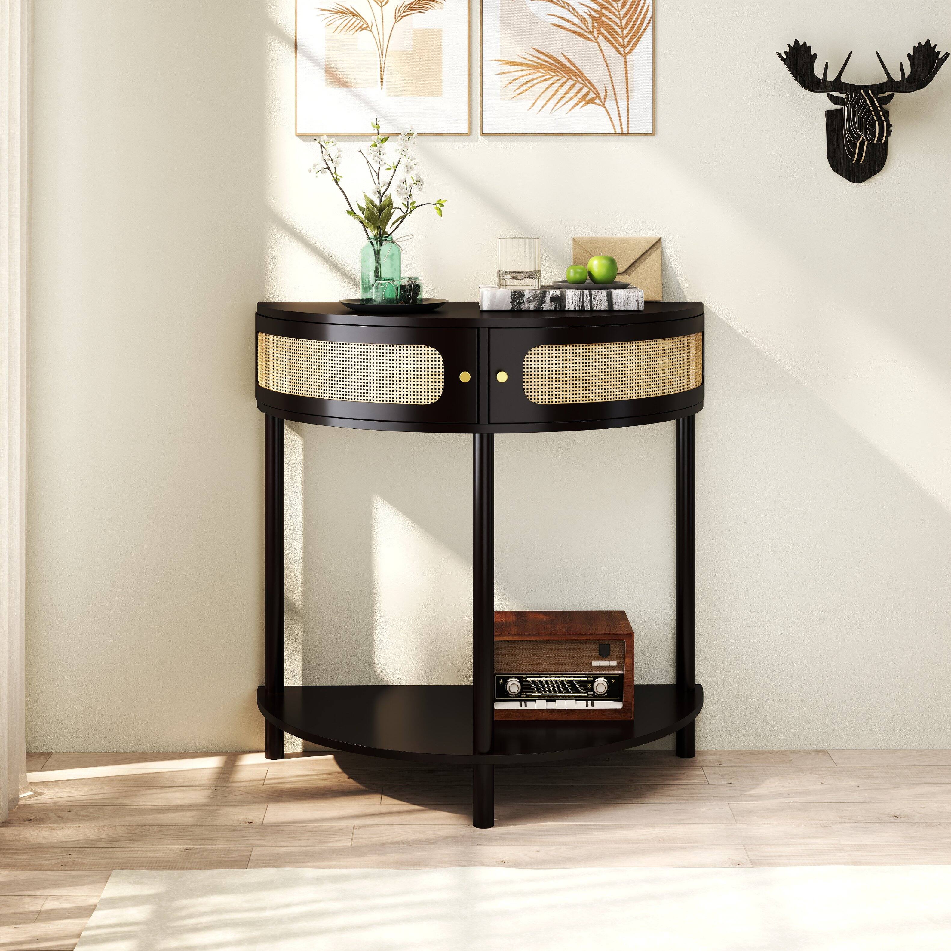 Angle. Tiramisubest - Boho Rattan Semi Circle End Table with Sliding Door,Elegant Black Wood Accent Table with Storage and Bottom Shelf - Black.