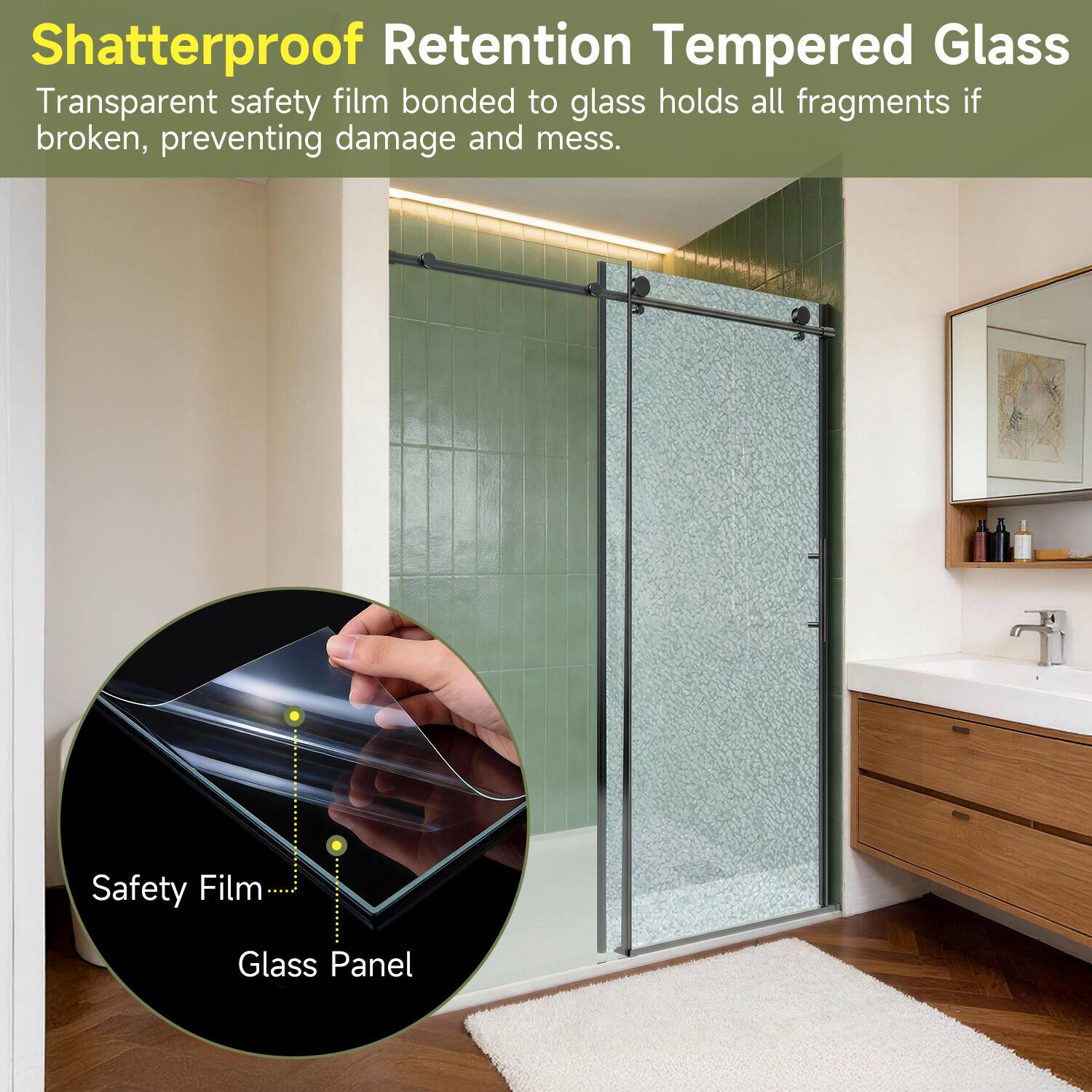 Shatterproof Retention Tempered Glass  
Transparent safety film bonded to glass holds all fragments if broken, preventing damage and mess.  

Safety Film  
Glass Panel