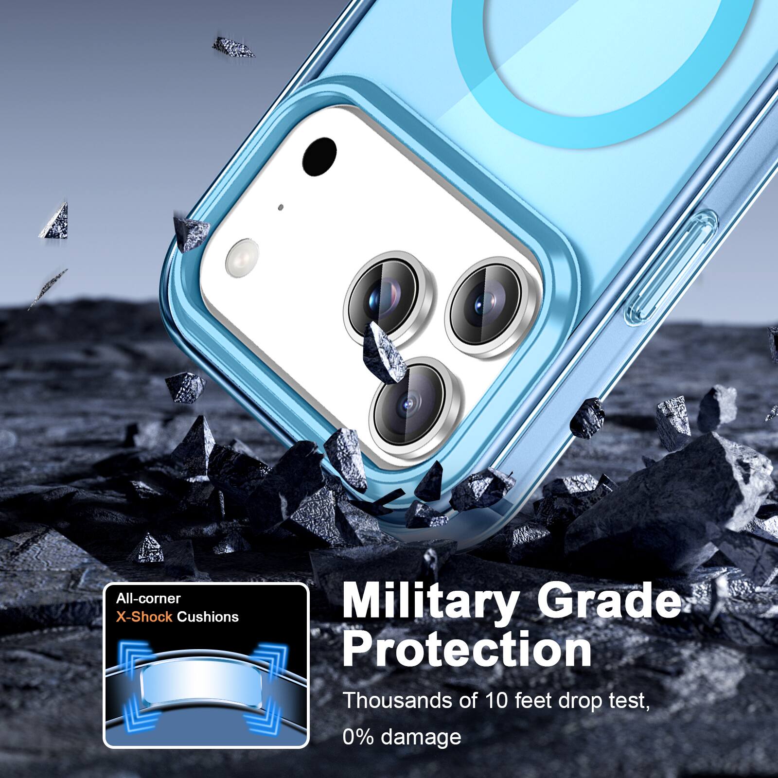 All-corner X-Shock Cushions  
Military Grade Protection  
Thousands of 10 feet drop test, 0% damage