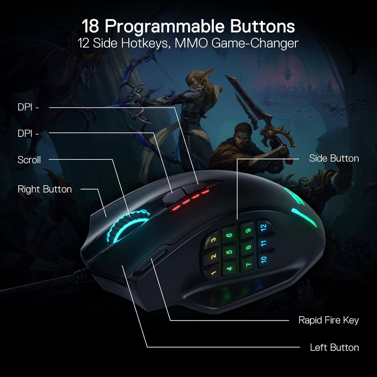 18 Programmable Buttons  
12 Side Hotkeys, MMO Game-Changer  

DPI -  
DPI -  
Scroll  
Side Button  
Right Button  
3 2  
6 5 4  
7 8 9  
12 11 10  
Rapid Fire Key  
Left Button