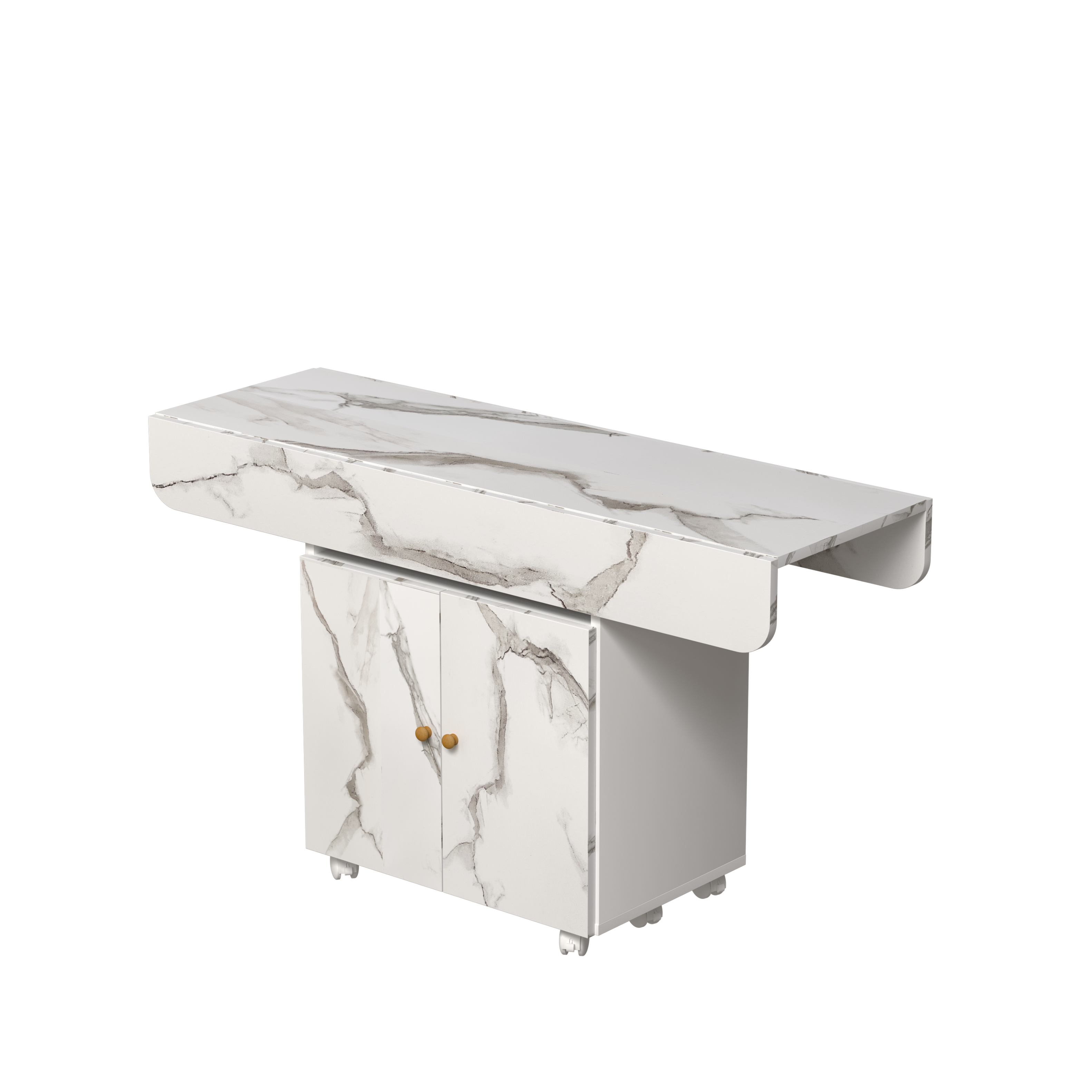 Alt View 9. Tiramisubest - 47" Wood Folding Dining Table with storage rack and cabinet, Movable Versatile Table with 6 Wheels, White Marble Color - White.