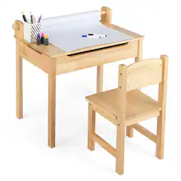 Costway - Toddler Multi Activity Table with Chair Kids Art & Crafts Table with Paper Roll Holder - Natural
