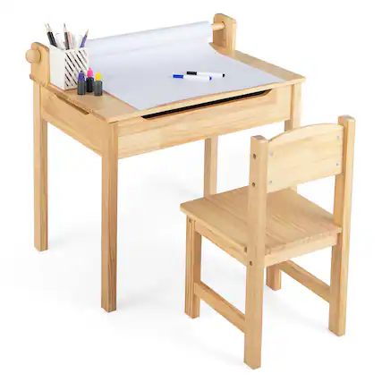 Front. Costway - Costway Toddler Multi Activity Table with Chair Kids Art & Crafts Table with Paper Roll Holder - Natural.