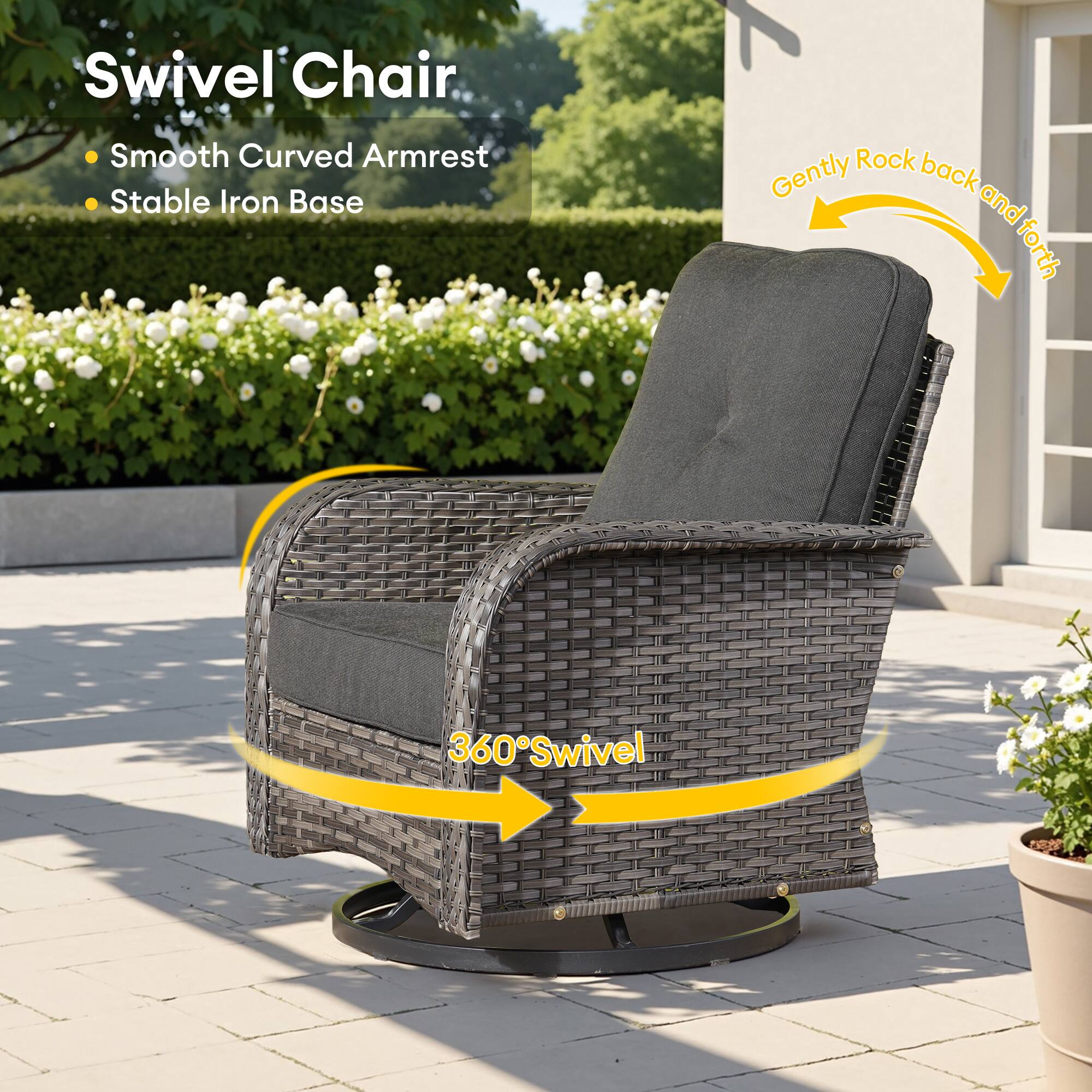Swivel Chair  
- Smooth Curved Armrest  
- Stable Iron Base  

Gently Rock back and forth  
360° Swivel