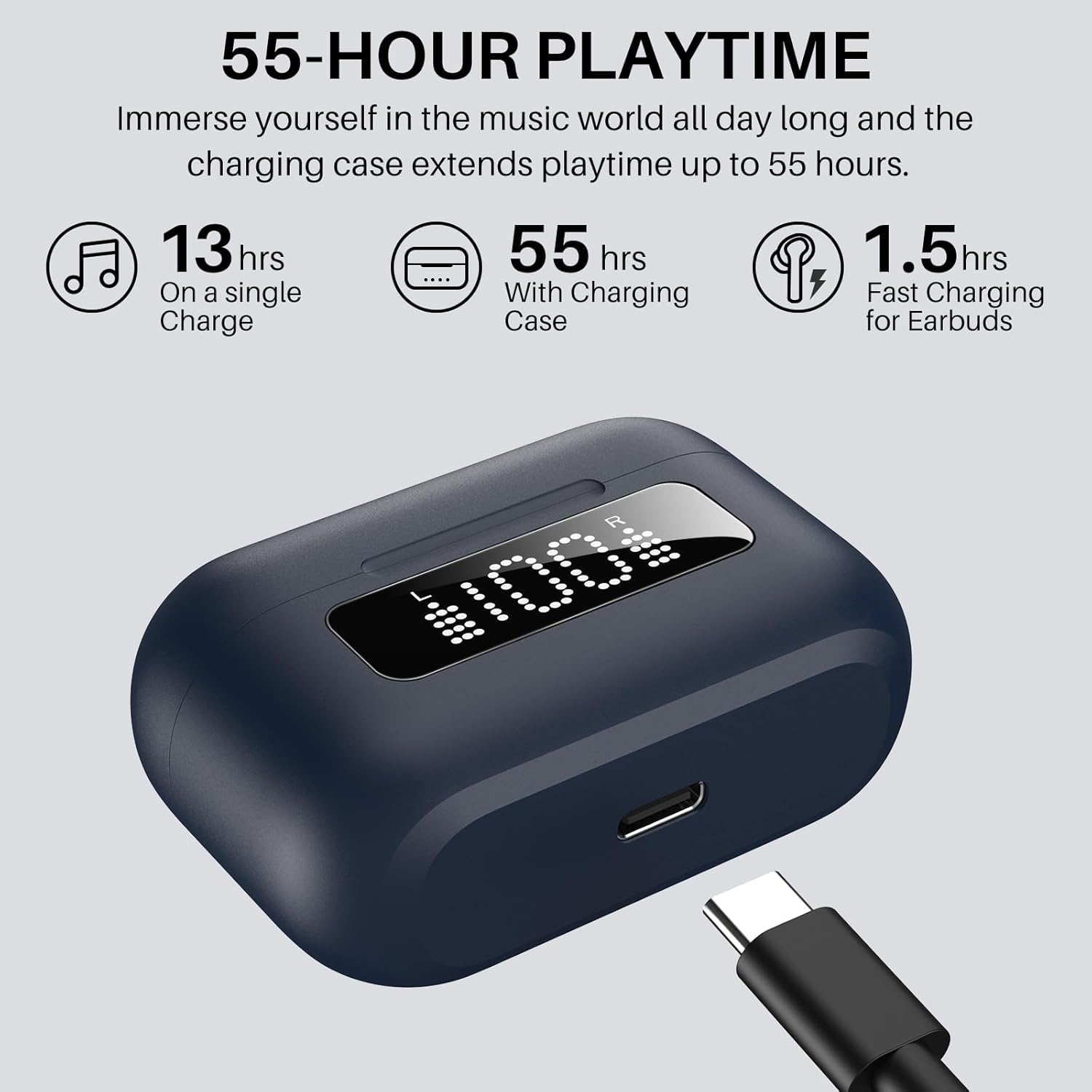 55-HOUR PLAYTIME
Immerse yourself in the music world all day long and the charging case extends playtime up to 55 hours.

13 hrs On a single Charge
55 hrs With Charging Case
1.5 hrs Fast Charging for Earbuds