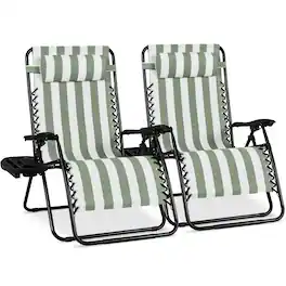 Best Choice Products - Set of 2 Extra Wide Zero Gravity Lounge Chair Recliners w/ Cup Holder - Sage Green Stripes