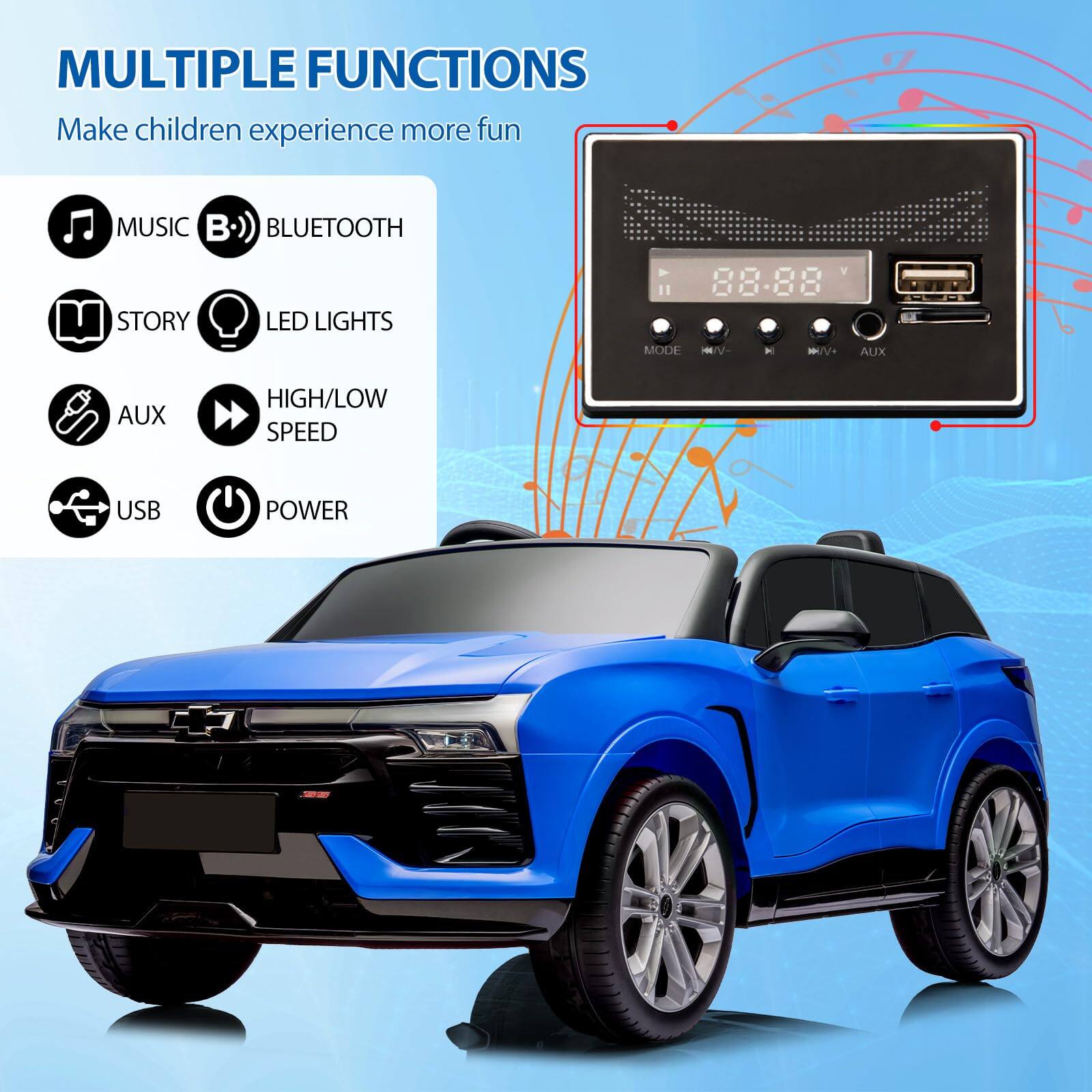 MULTIPLE FUNCTIONS  
Make children experience more fun  

- MUSIC  
- BLUETOOTH  
- STORY  
- LED LIGHTS  
- AUX  
- HIGH/LOW SPEED  
- USB  
- POWER  

88-88 V  
MODE /V -/ AUX  
AUX HIGH/LOW  
USB POWER