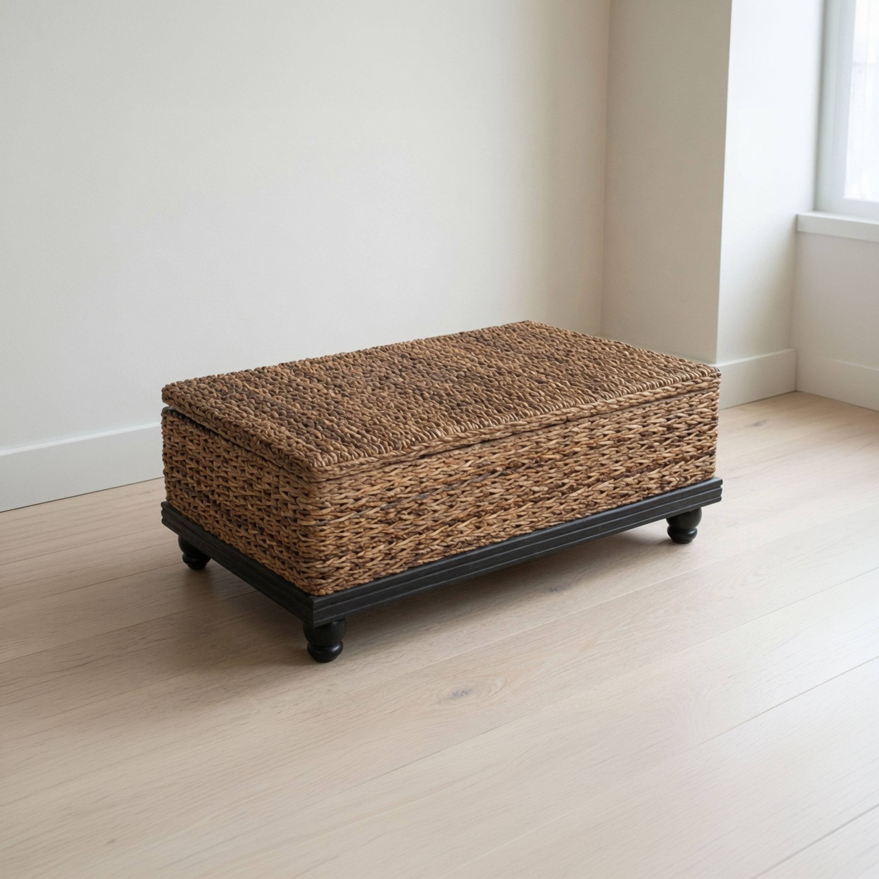 Alt View 3. Manhattan Lane - Jinu 48 Inch Coffee Table with Natural Brown Woven Banana Leaf Top, Acacia Wood Base, Organic Decor - Natural Brown, Black.