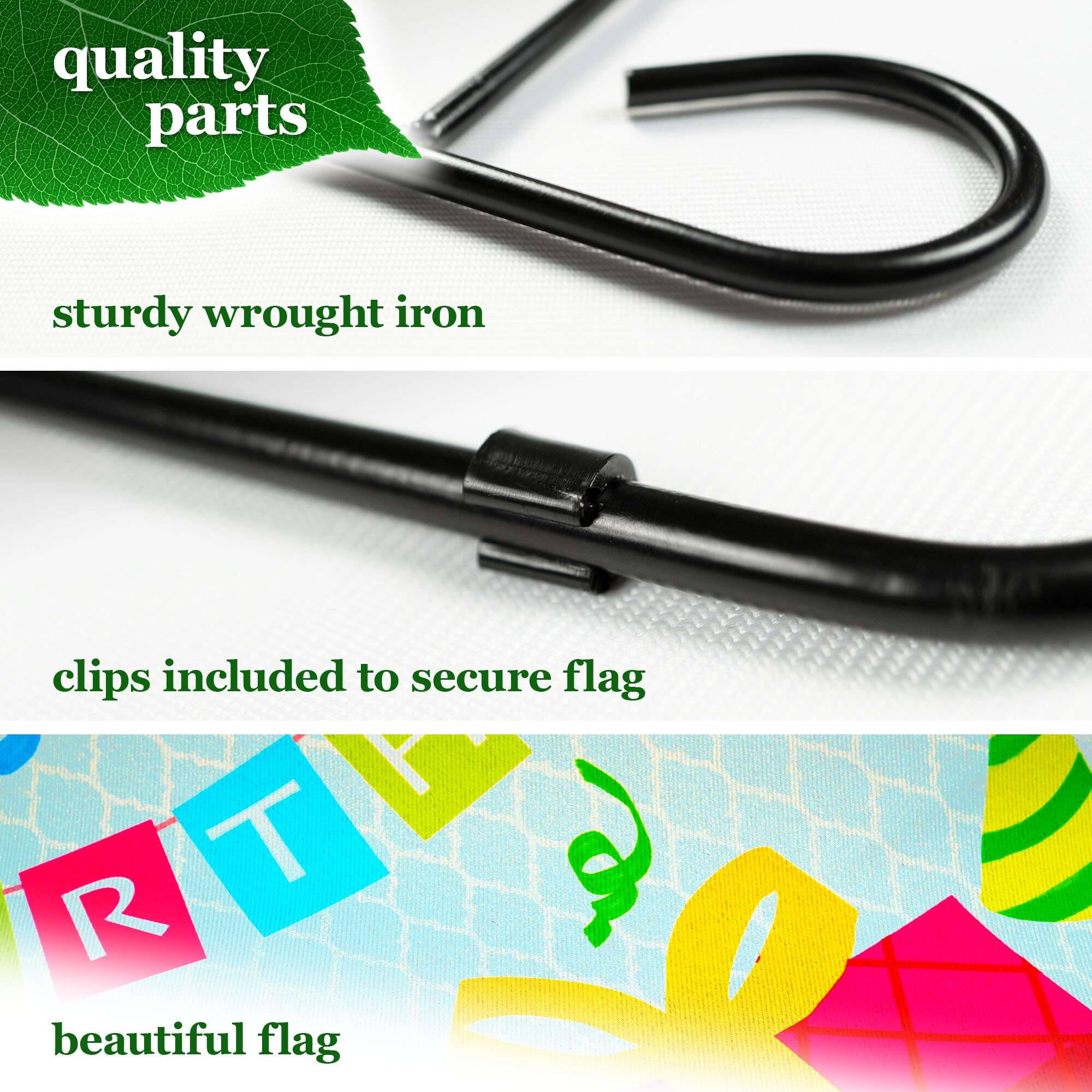 quality parts  
sturdy wrought iron  
clips included to secure flag  
beautiful flag
