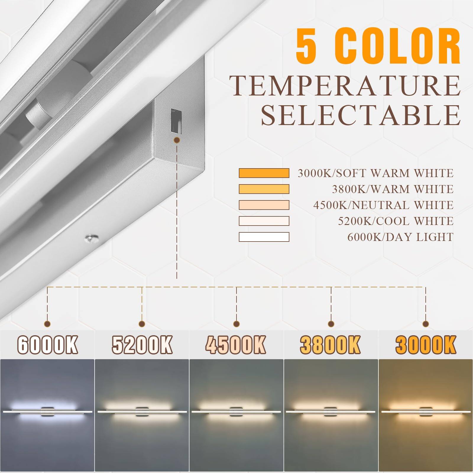 5 COLOR TEMPERATURE SELECTABLE

3000K/SOFT WARM WHITE  
3800K/WARM WHITE  
4500K/NEUTRAL WHITE  
5200K/COOL WHITE  
6000K/DAY LIGHT  

6000K  
5200K  
4500K  
3800K  
3000K