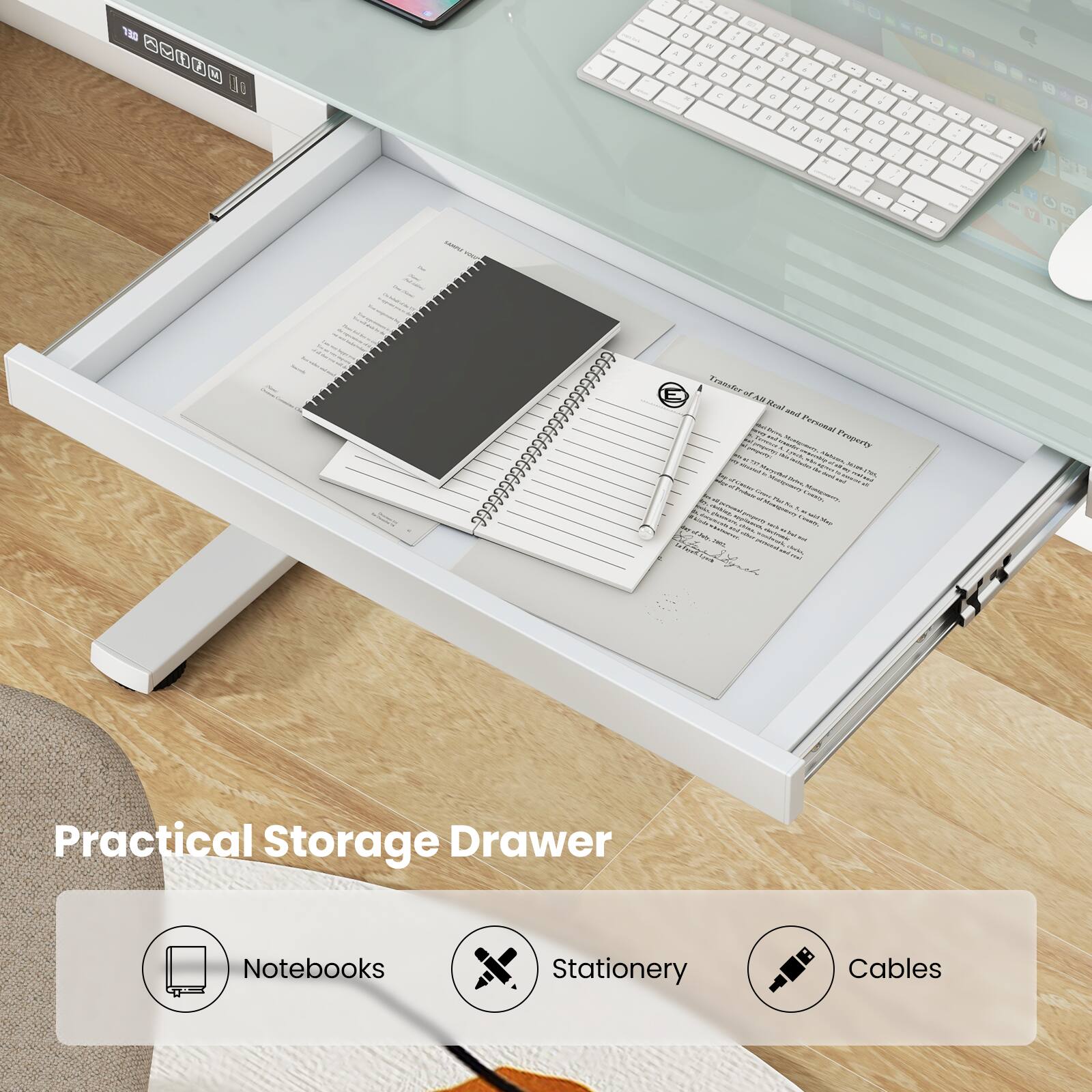 Practical Storage Drawer

Notebooks
Stationery
Cables